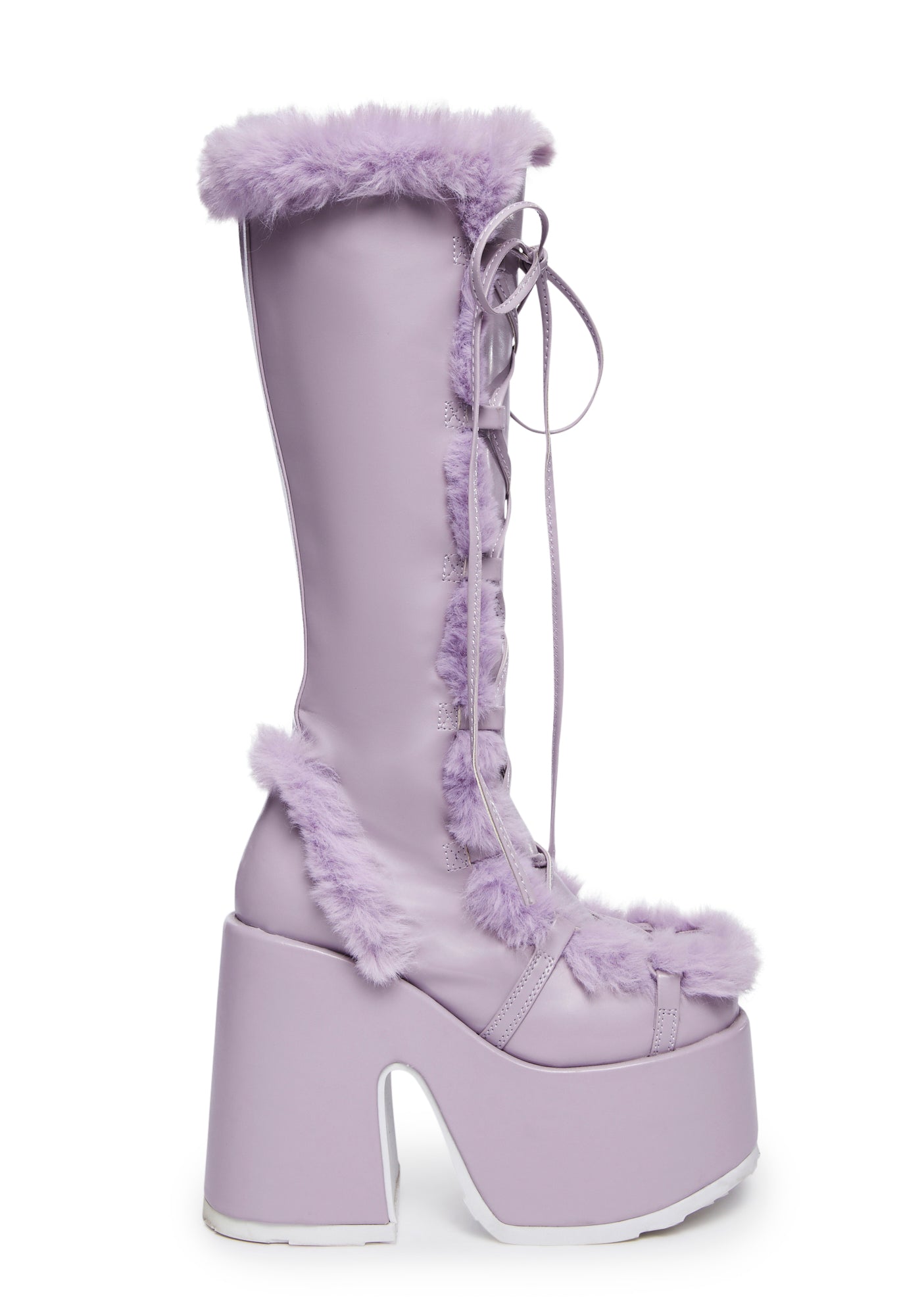 Demonia x Dolls Kill Camel-311 Faux Fur Knee High Platform Boots - Purple