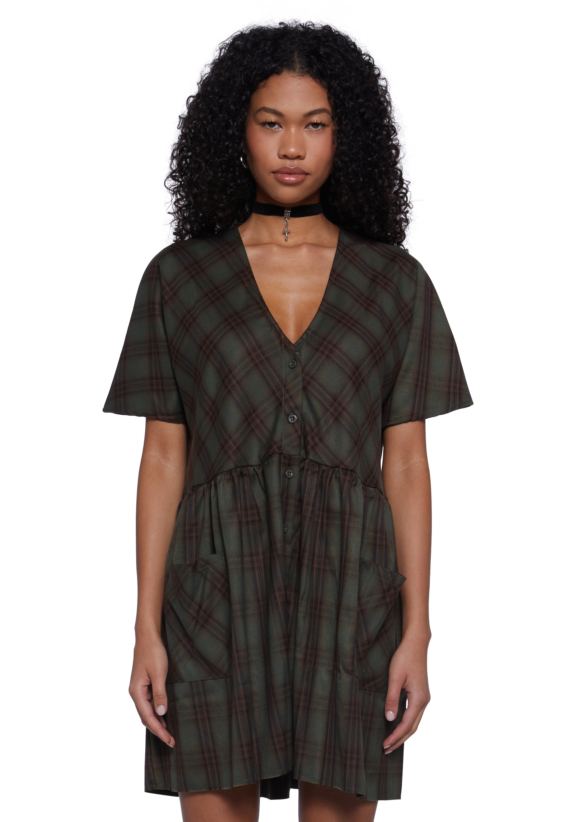 Womens Grunge Goth Plaid Babydoll Dress Widow - Multi Womens Grunge Goth Plaid Babydoll Dress Widow - Multi