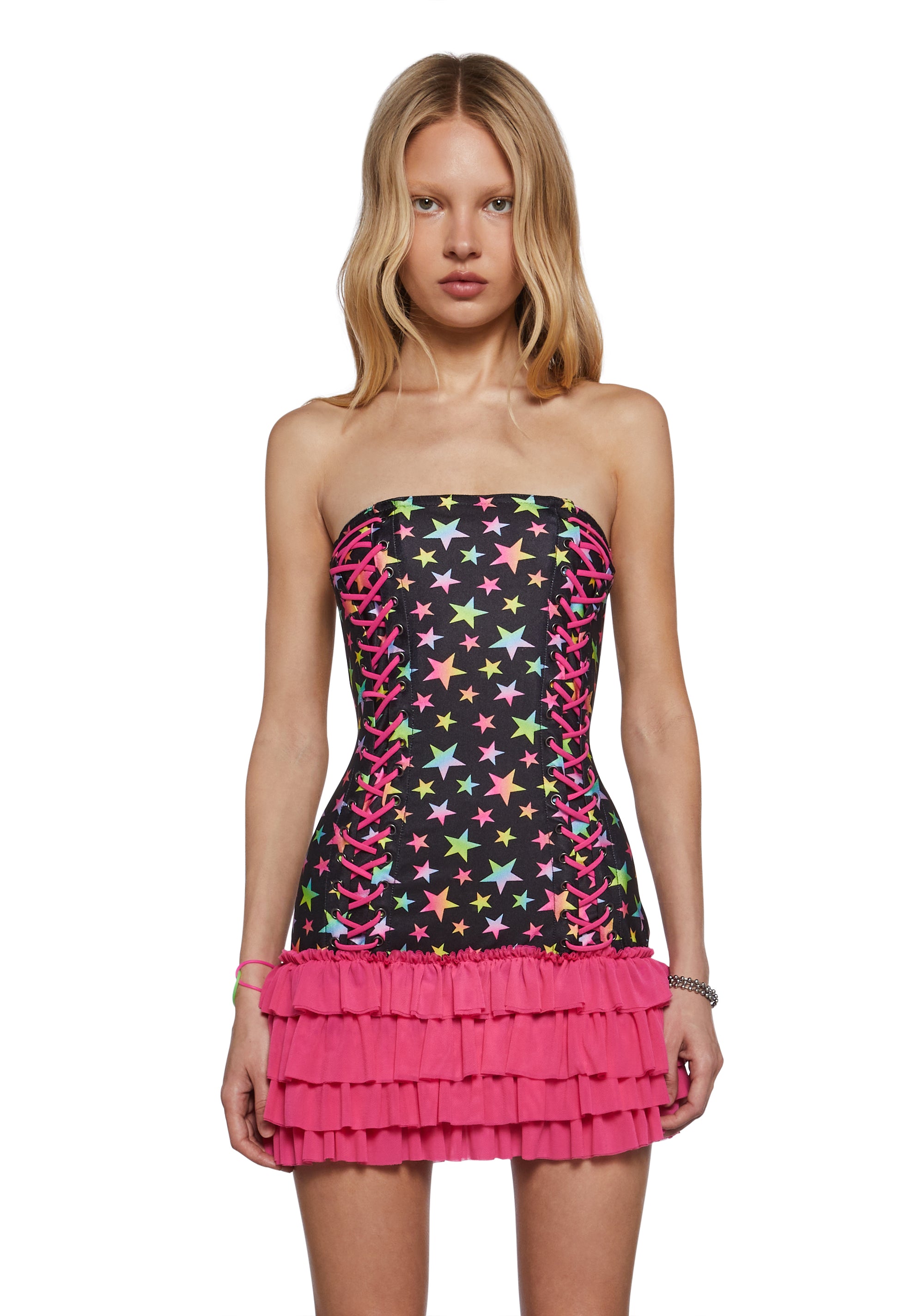 circus mini dress Womens Clowncore Rave Strapless Star Print Mini Dress Club Exx