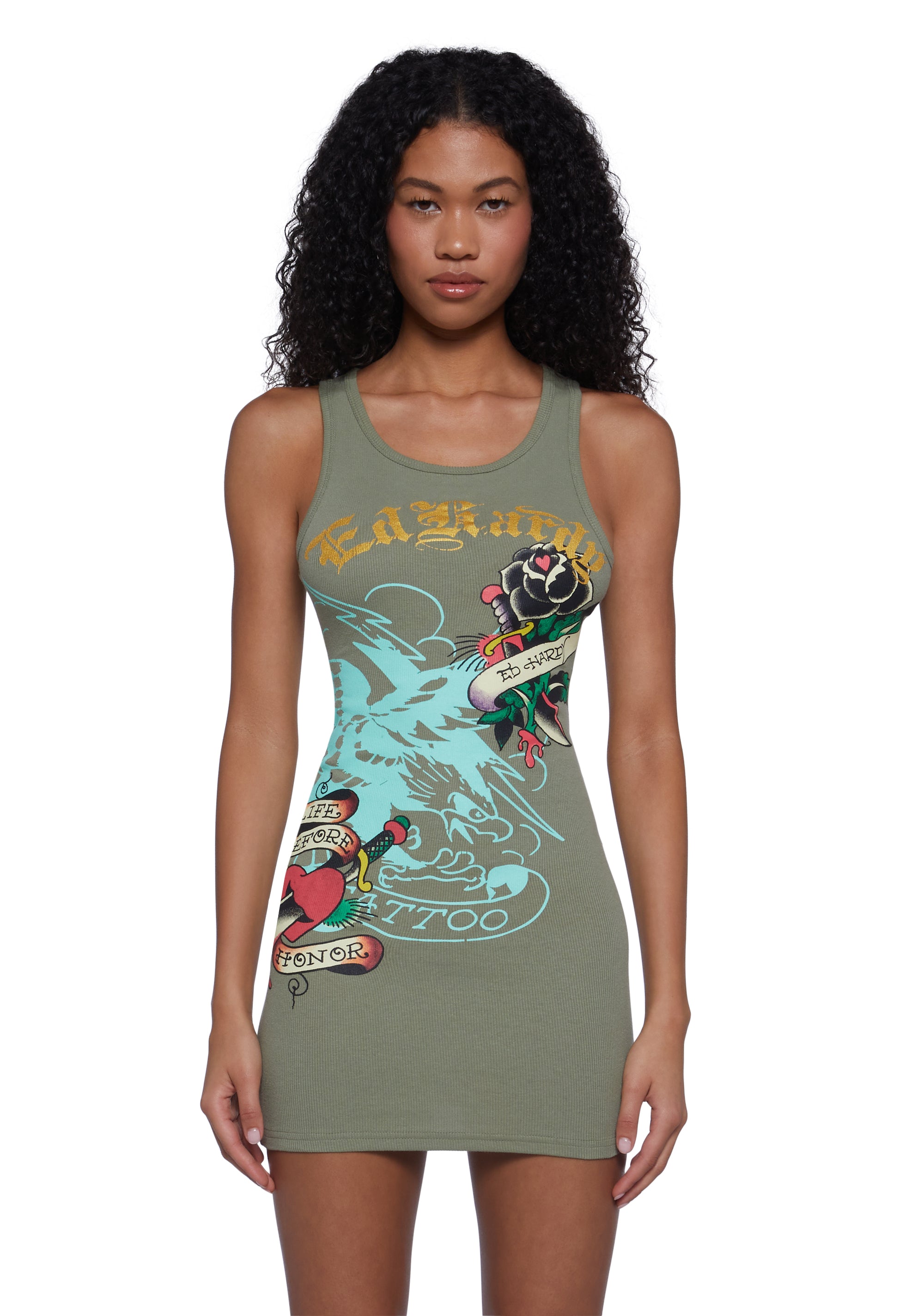 Ed Hardy Black Rose Ribbed Tank Dress - Green Ed Hardy Black Rose Ribbed Tank Dress - Green