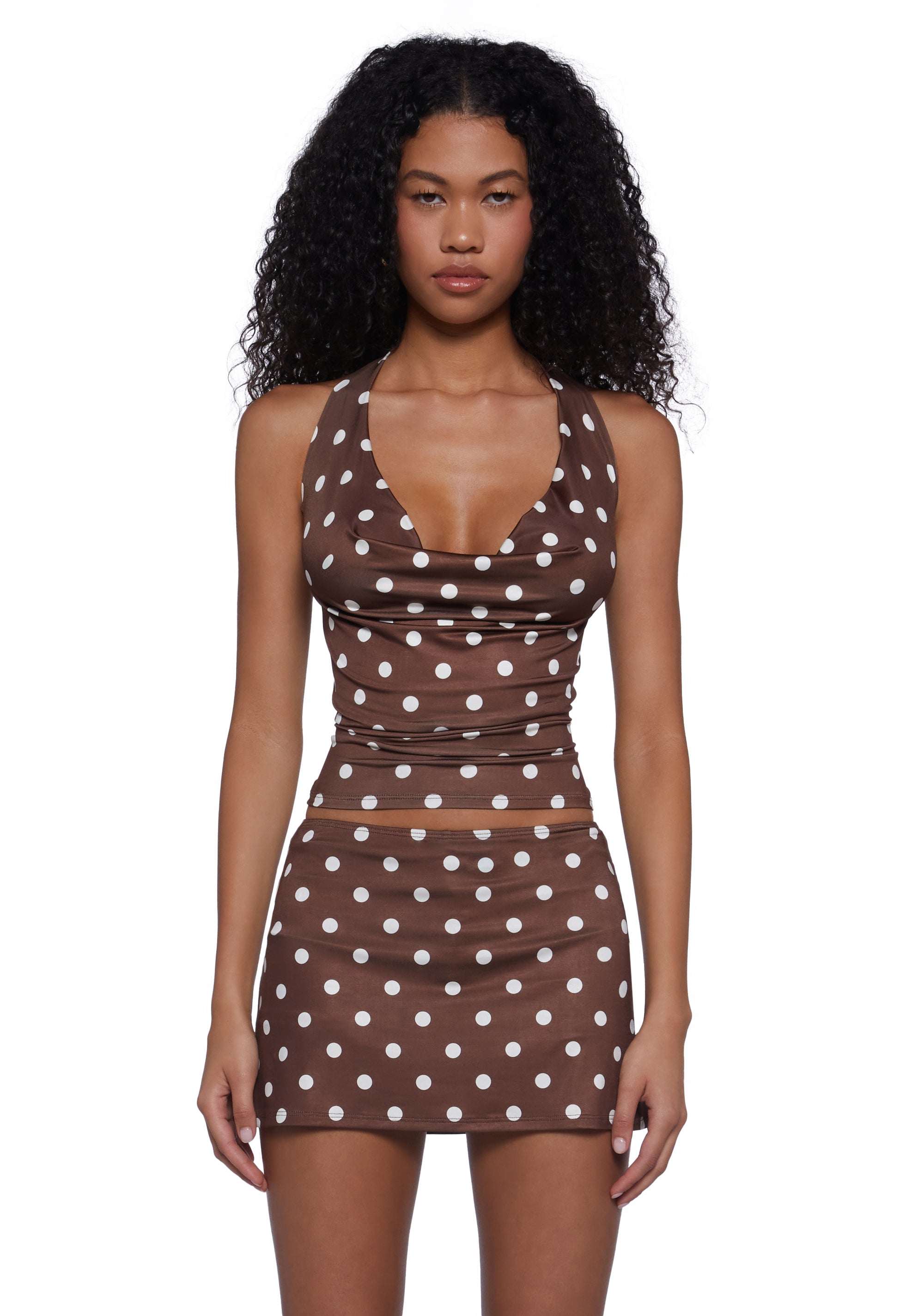 Polka Dot Halter Top Elastic Waist Mini Skirt Set