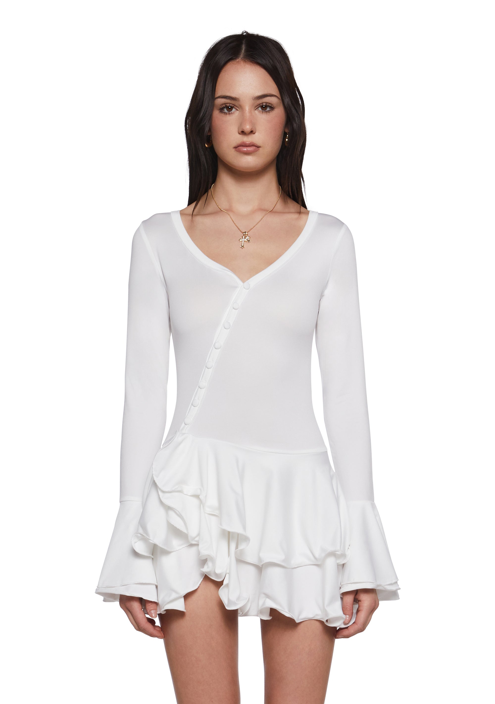 Womens Sexy Ruffled Button Mini Dress - White Dolls Kill Womens Sexy Ruffled Button Mini Dress - White Dolls Kill