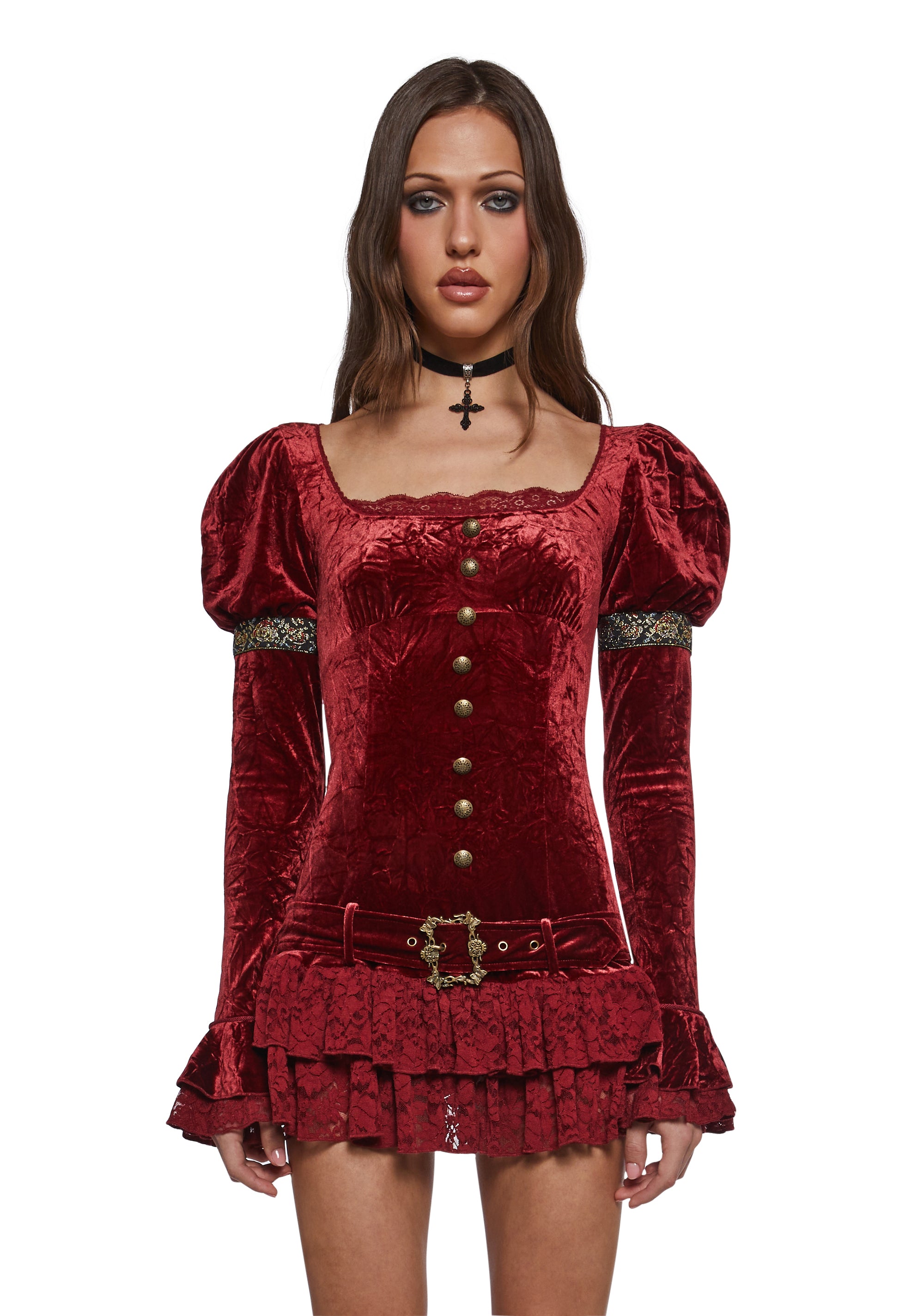 Betsey Johnson Crushed Velvet Medieval Mini Dress With Lace And Buckle - Red Dolls Kill Betsey Johnson Crushed Velvet Medieval Mini Dress With Lace And Buckle - Red Dolls Kill