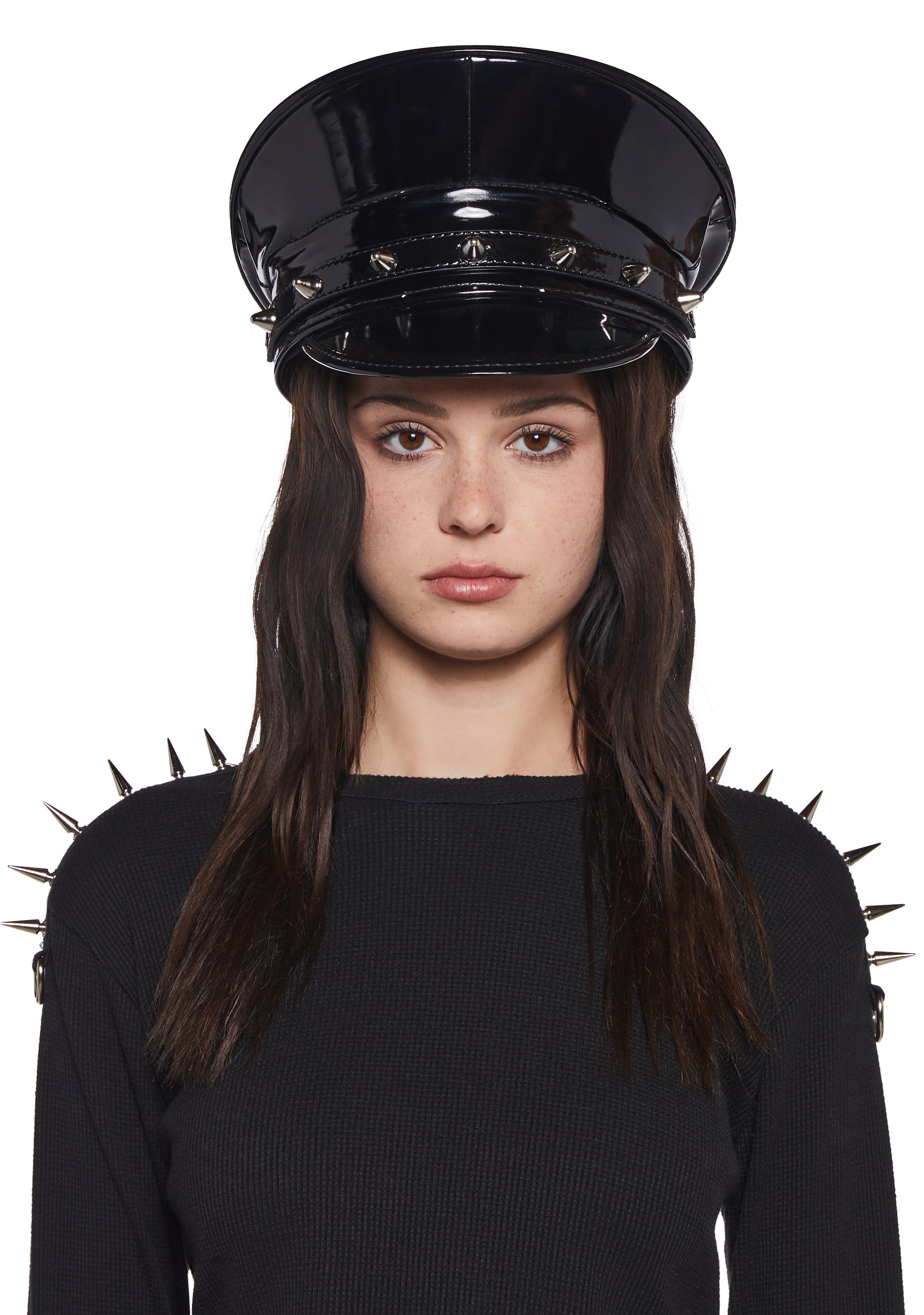 Dolls Kill Goth Black Patent Spiked Captains Hat Funk Plus Spiked Patent Captain Hat - Black – Dolls Kill main image 2