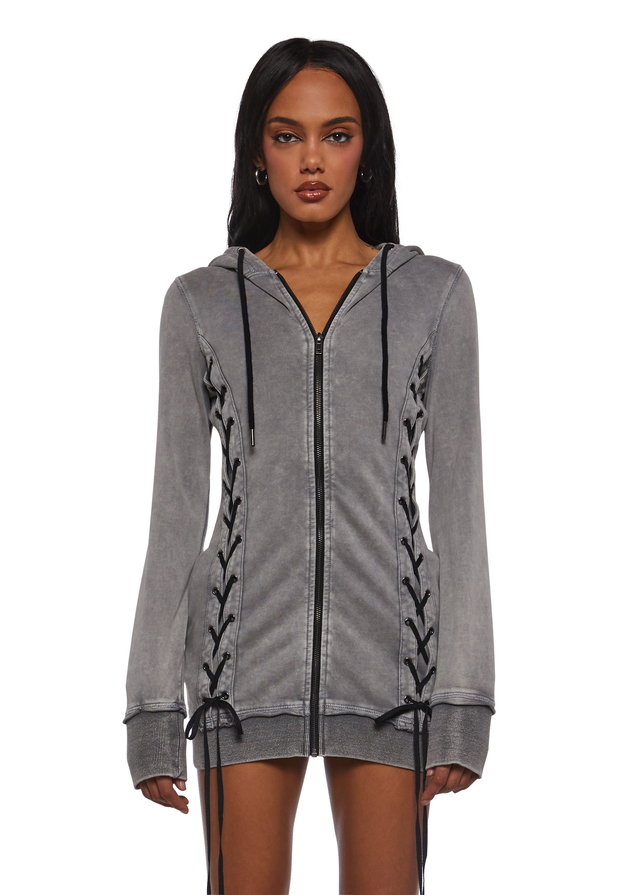 Womens Washed Hoodie Dress With Lace Up Current Mood