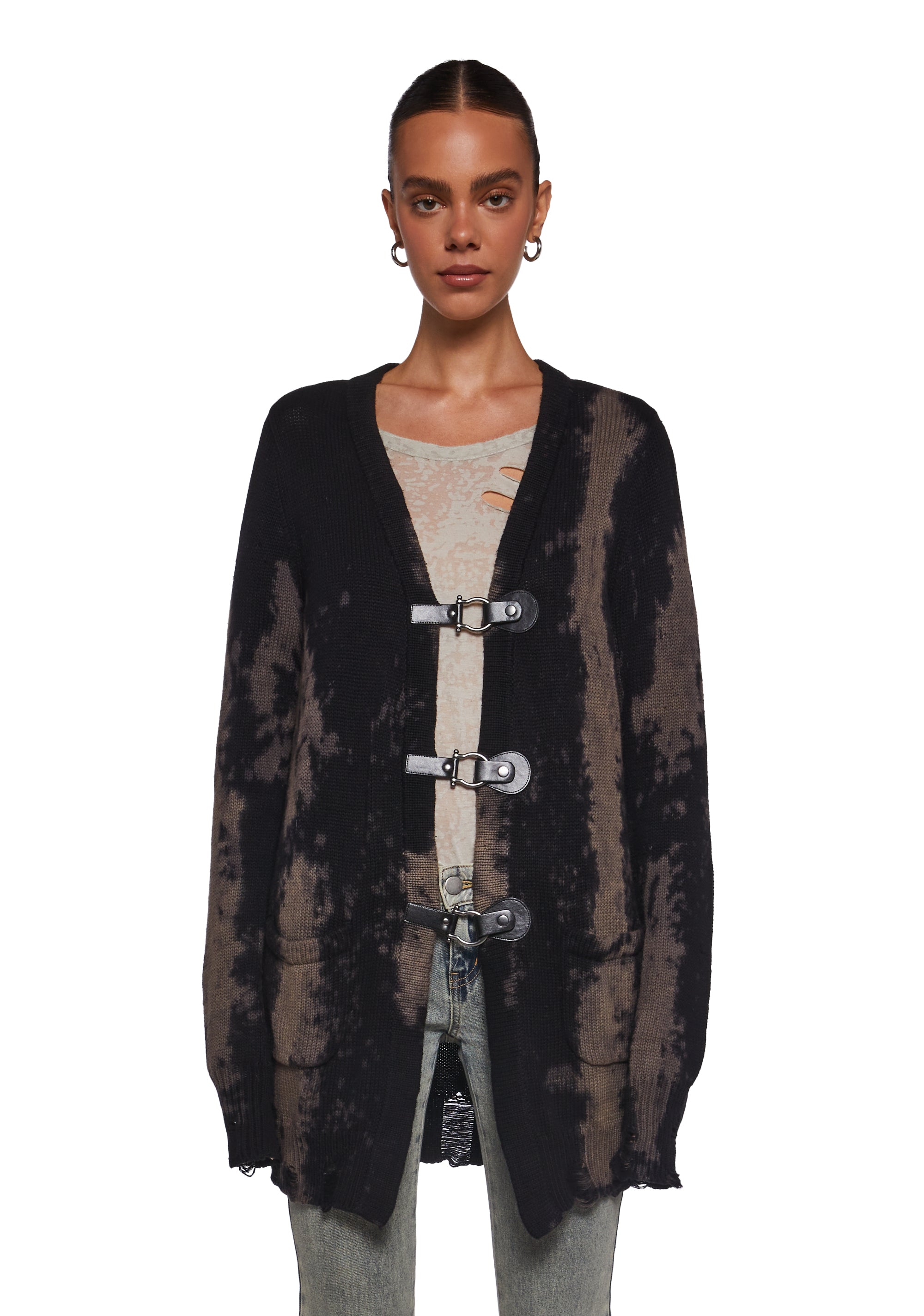 Womens Bleached Knit Oversized Cardigan Current Mood - Black