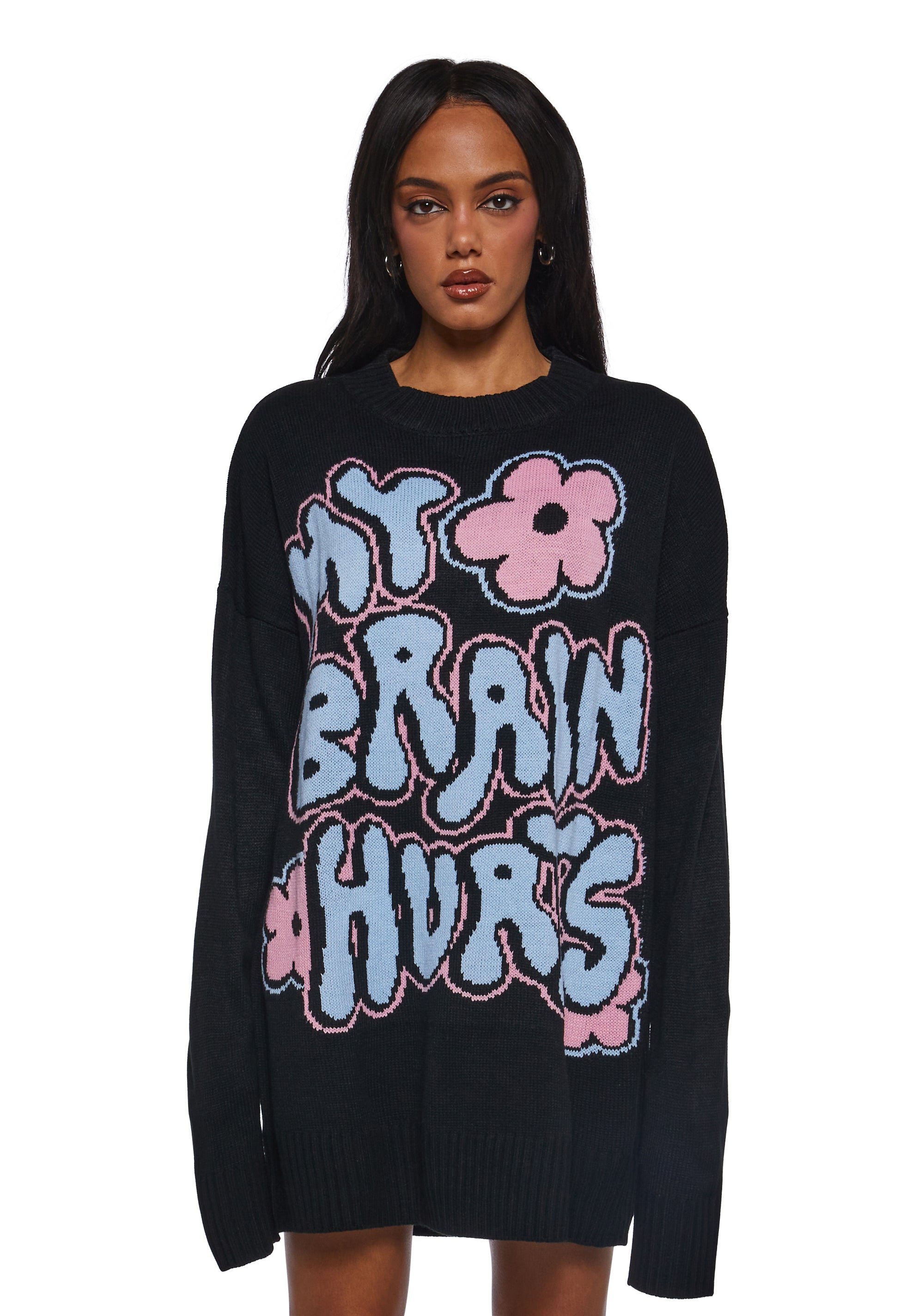 My Brain Hurts Oversized Intarsia Sweater Delia's - Black – Dolls Kill