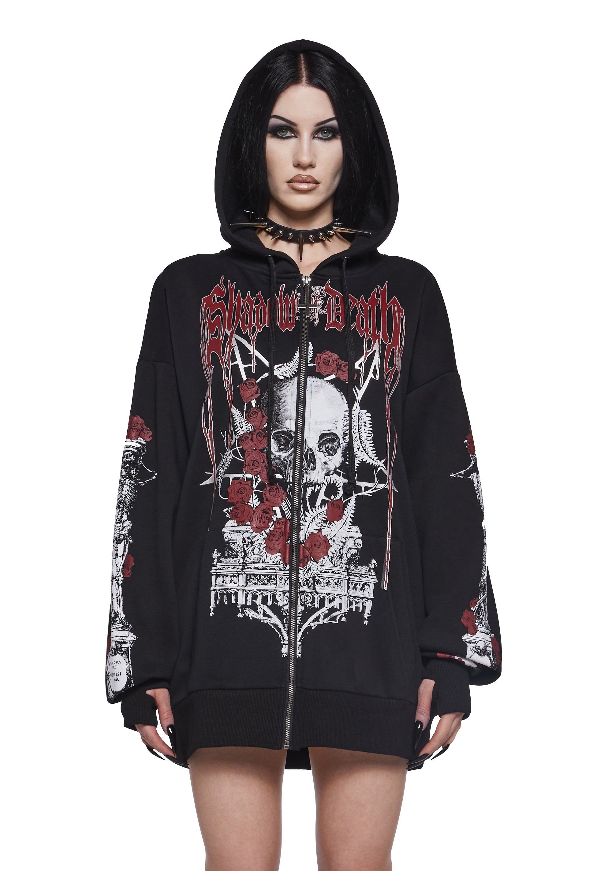 Widow Vampire Goth Graphic Print Skull Roses Zip-Up Hoodie