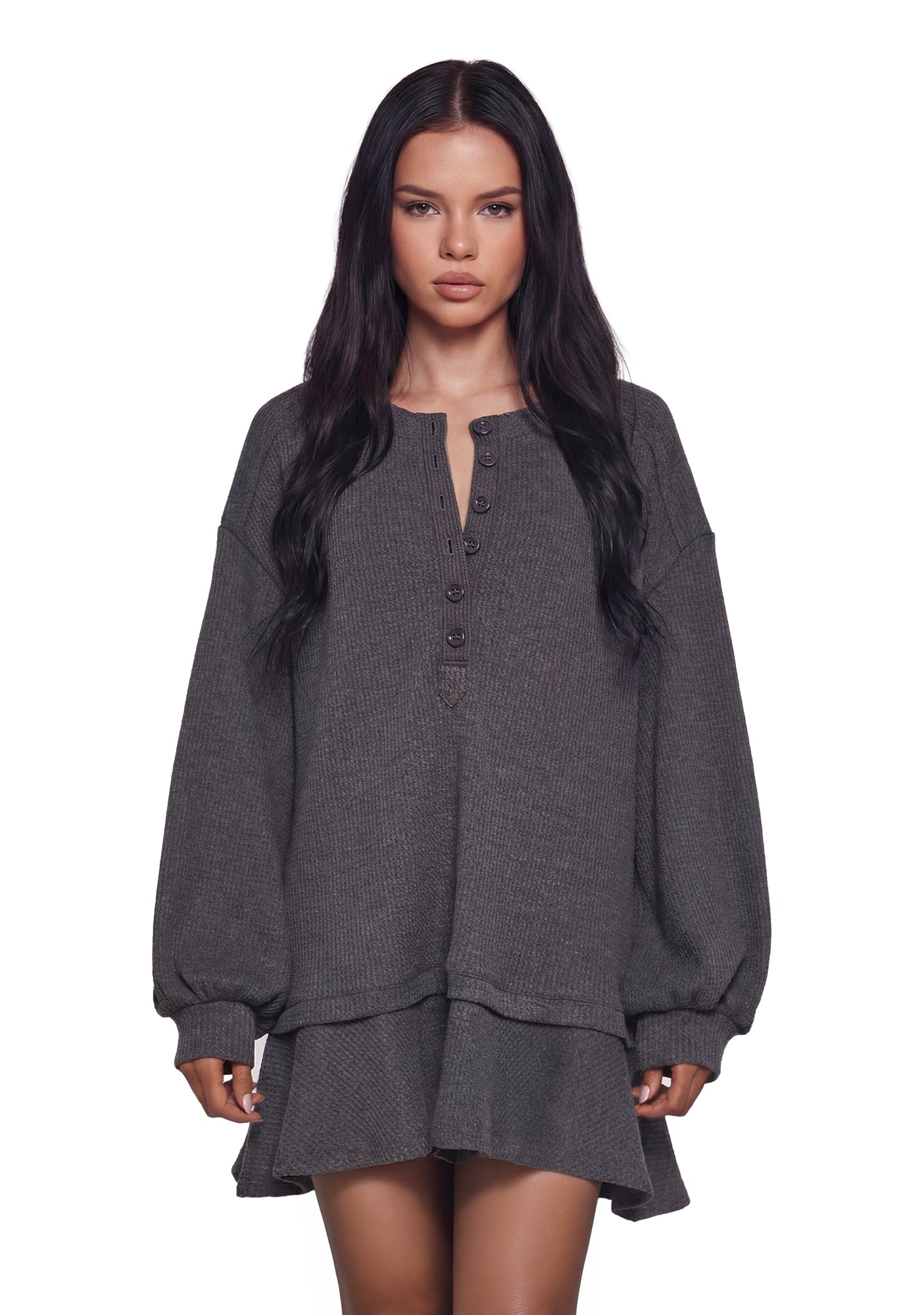 Womens Waffle Knit Thermal Trapeze Mini Dress Current Mood