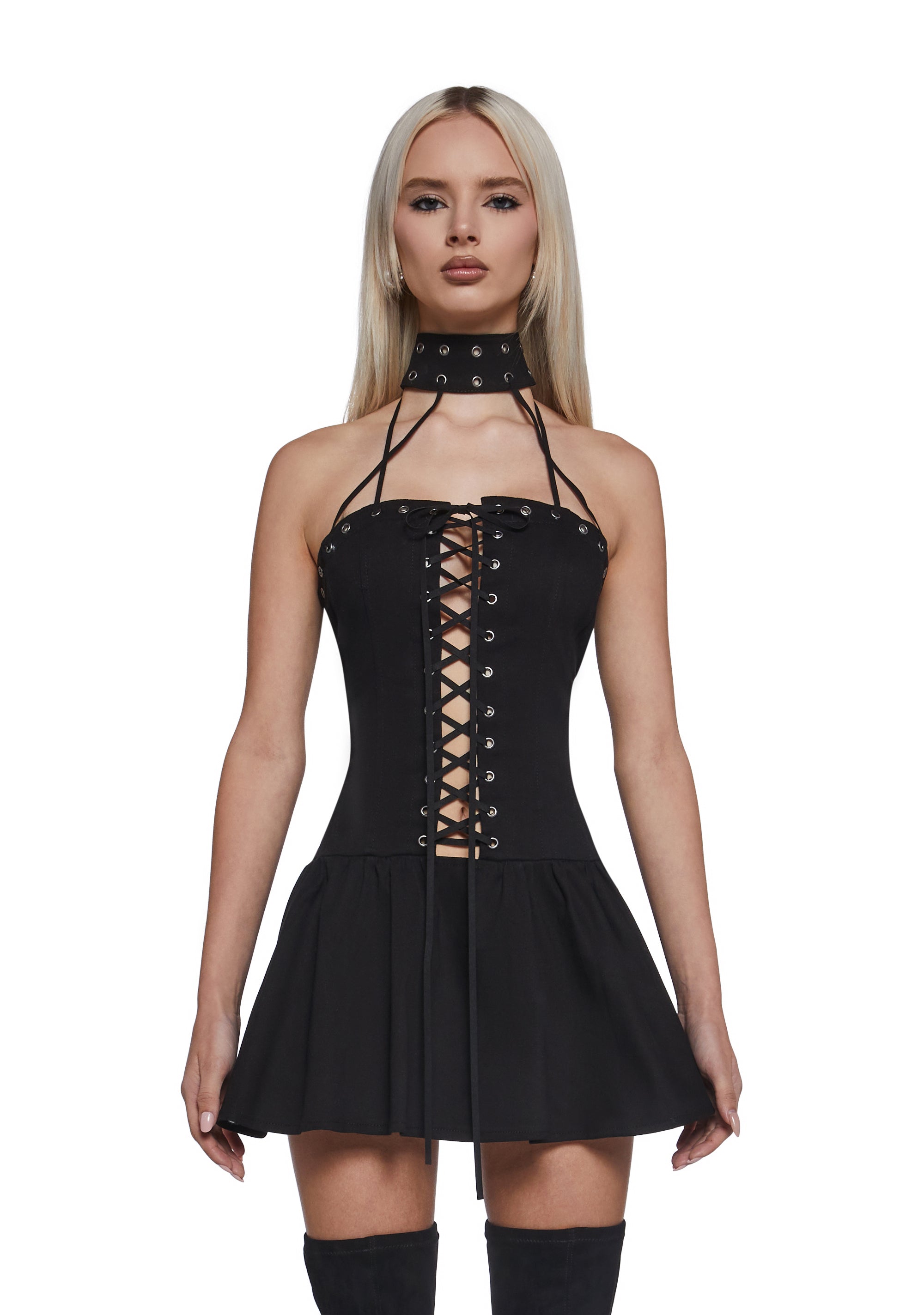 Lace Up Mini Dress With High Neck Generation Kiss - Black Dolls Kill Lace Up Mini Dress With High Neck Generation Kiss - Black Dolls Kill