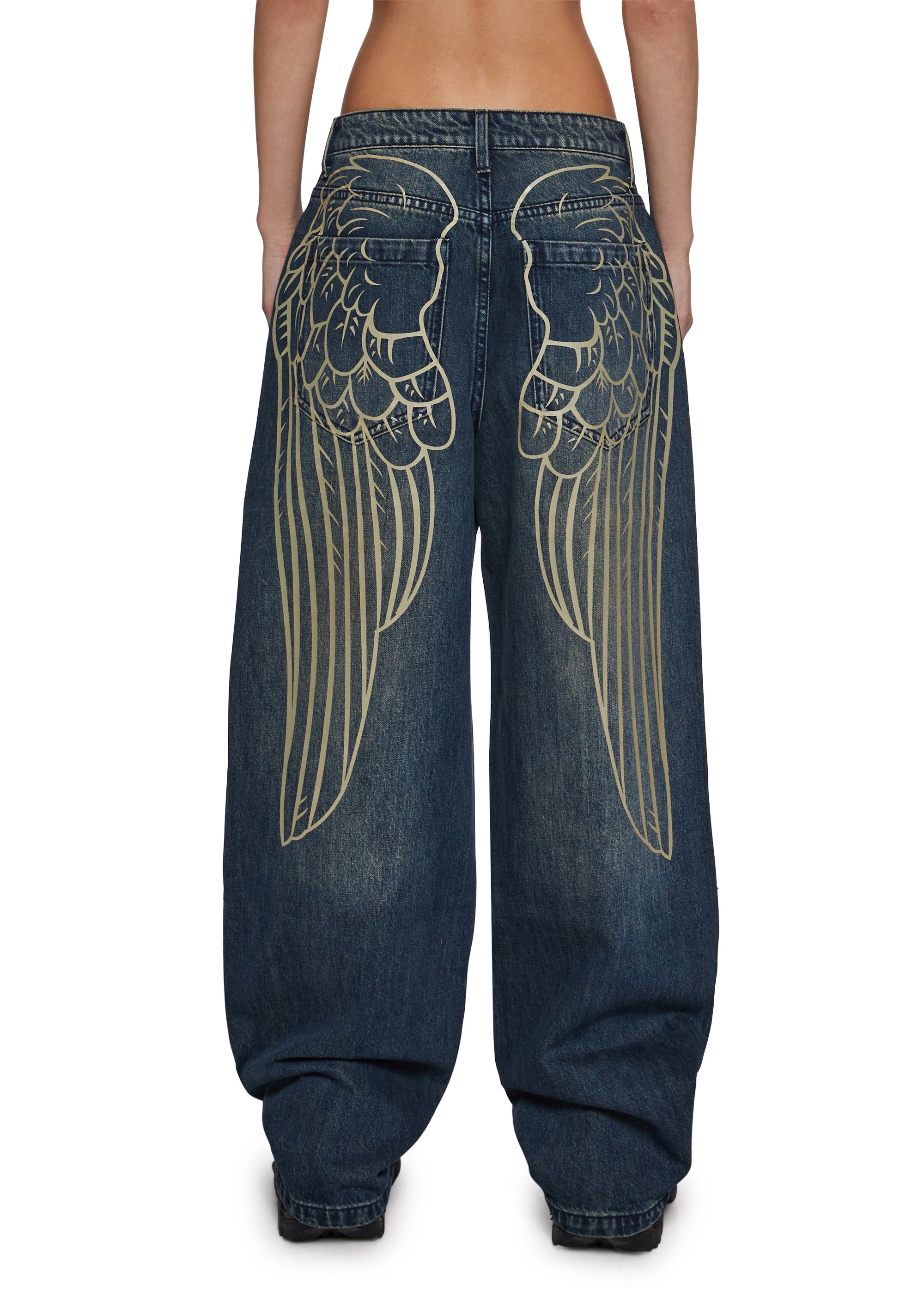 Womens Angel Wing Graphic Print Jeans Current Mood - Blue – Dolls Kill
