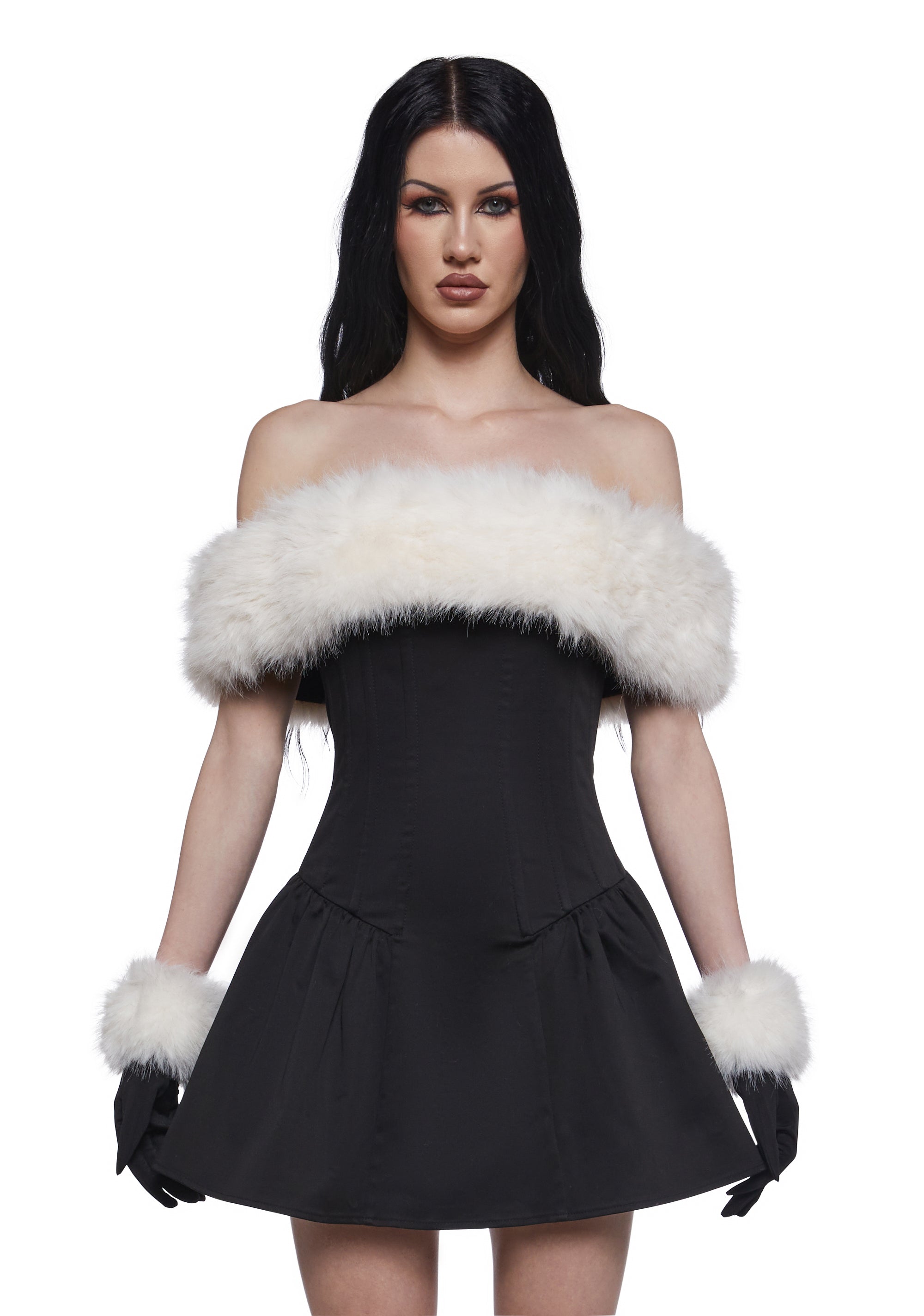 An Off The Shoulder Mini Dress With Faux Fur Trim And Gloves Sugar Thrillz - Black Dolls Kill An Off The Shoulder Mini Dress With Faux Fur Trim And Gloves Sugar Thrillz - Black Dolls Kill
