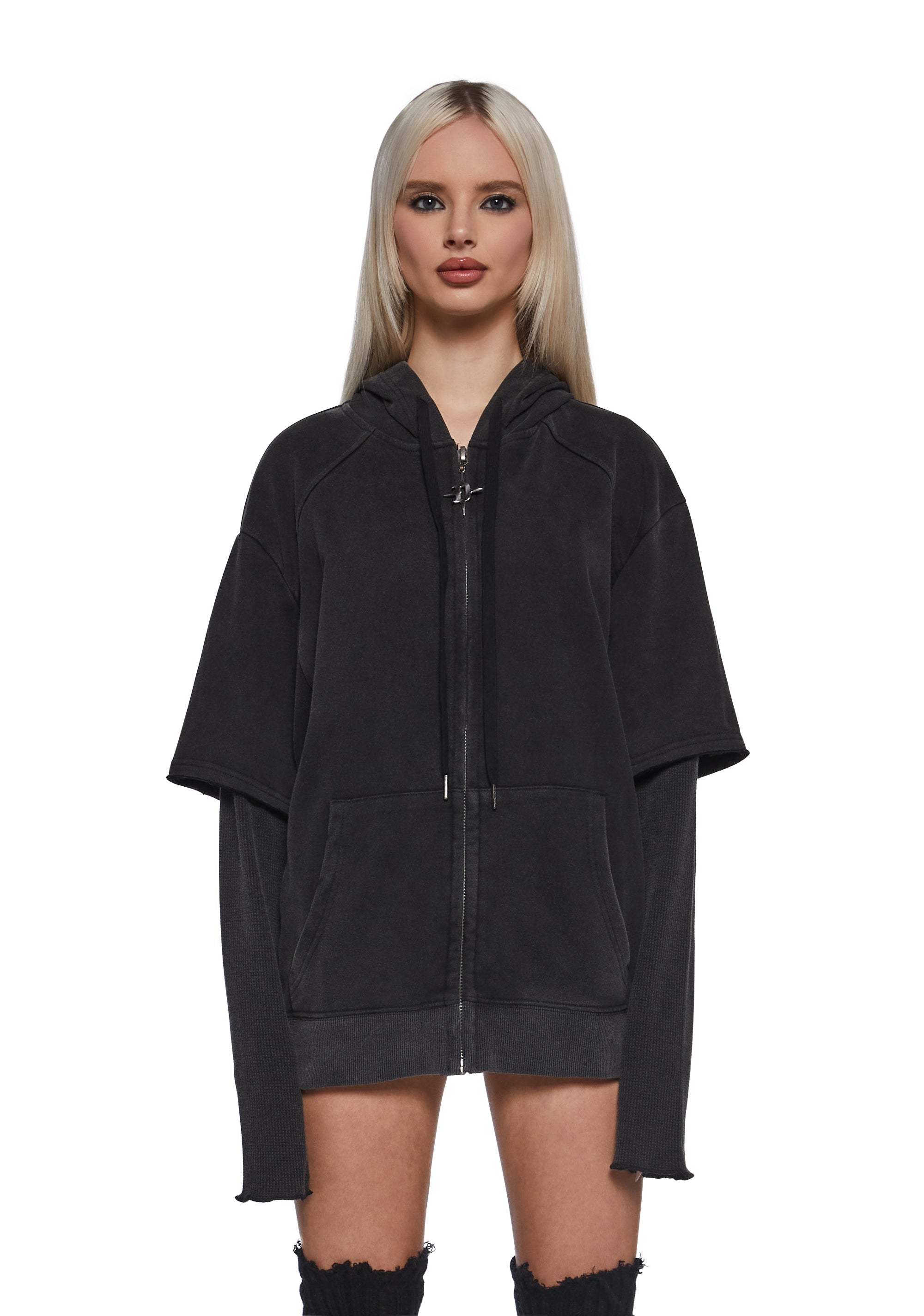 Darker Wavs Washed Cotton 2Fer Hoodie - Black – Dolls Kill