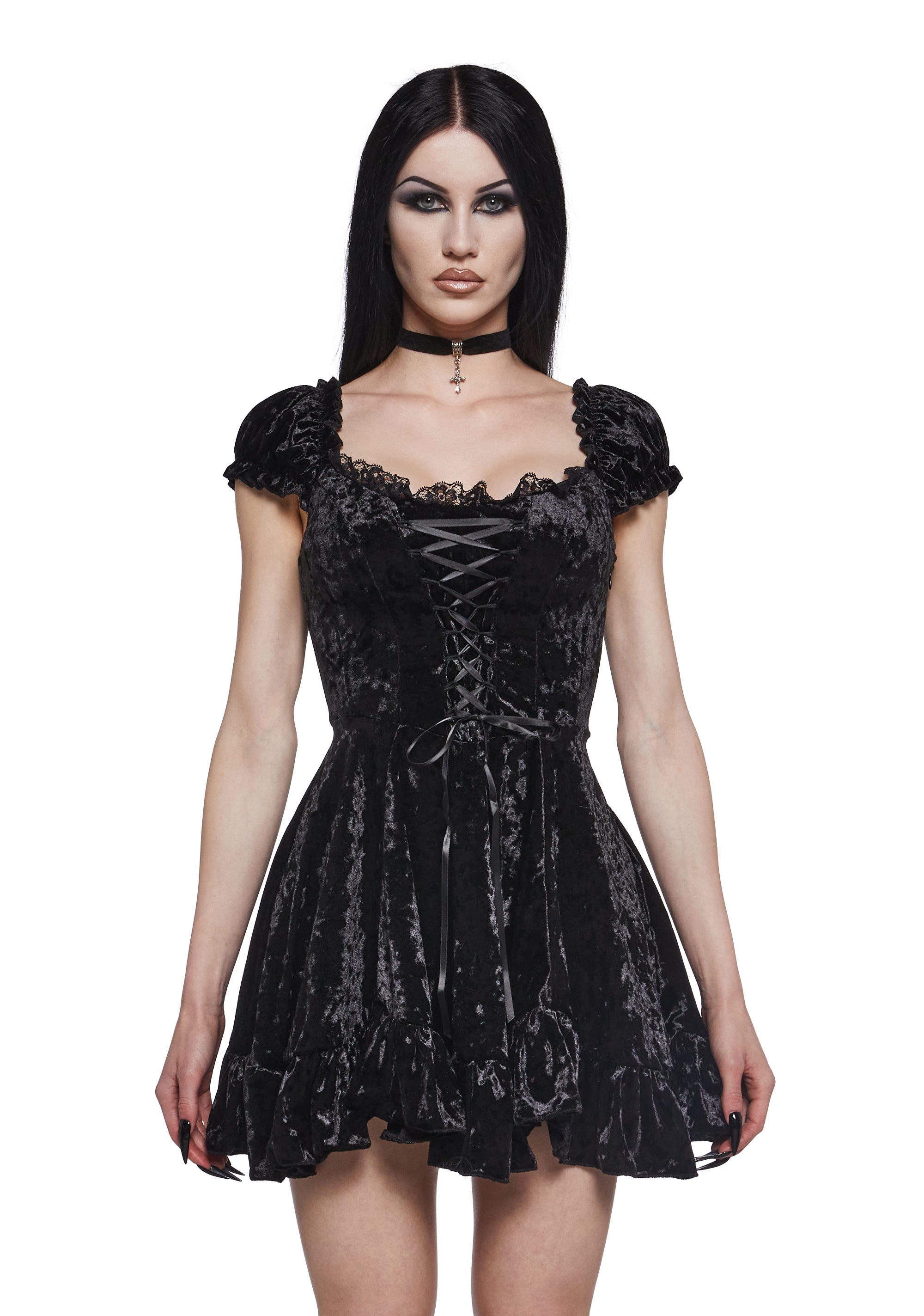 Crushed Velvet Lace Short Puff Sleeves Lace-Up Mini Dress Current Mood