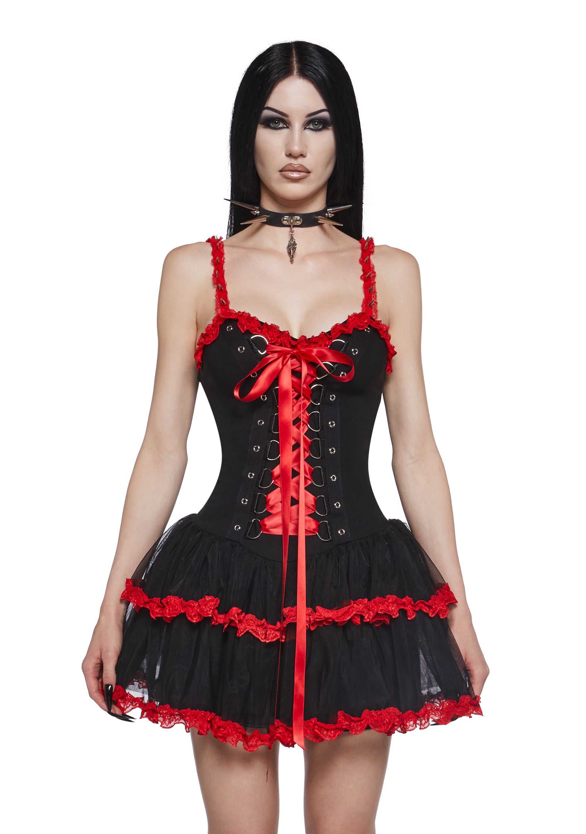 Widow Goth Cirque Noir Tulle Lace-Up Lace Spiked Cupcake Mini Dress