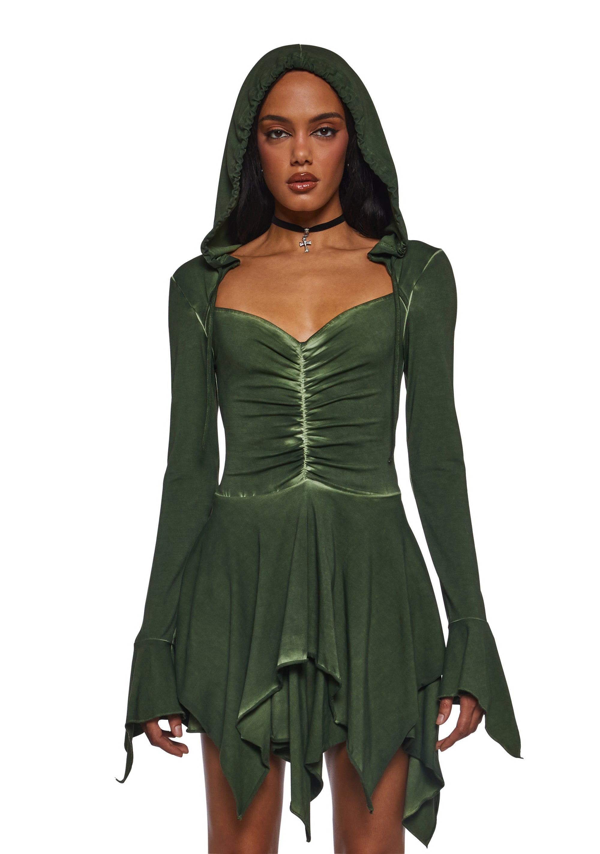 Fairy Fairycore Washed Hooded Handkerchief Dress Current Mood- Green Fairy Fairycore Washed Hooded Handkerchief Dress Current Mood- Green