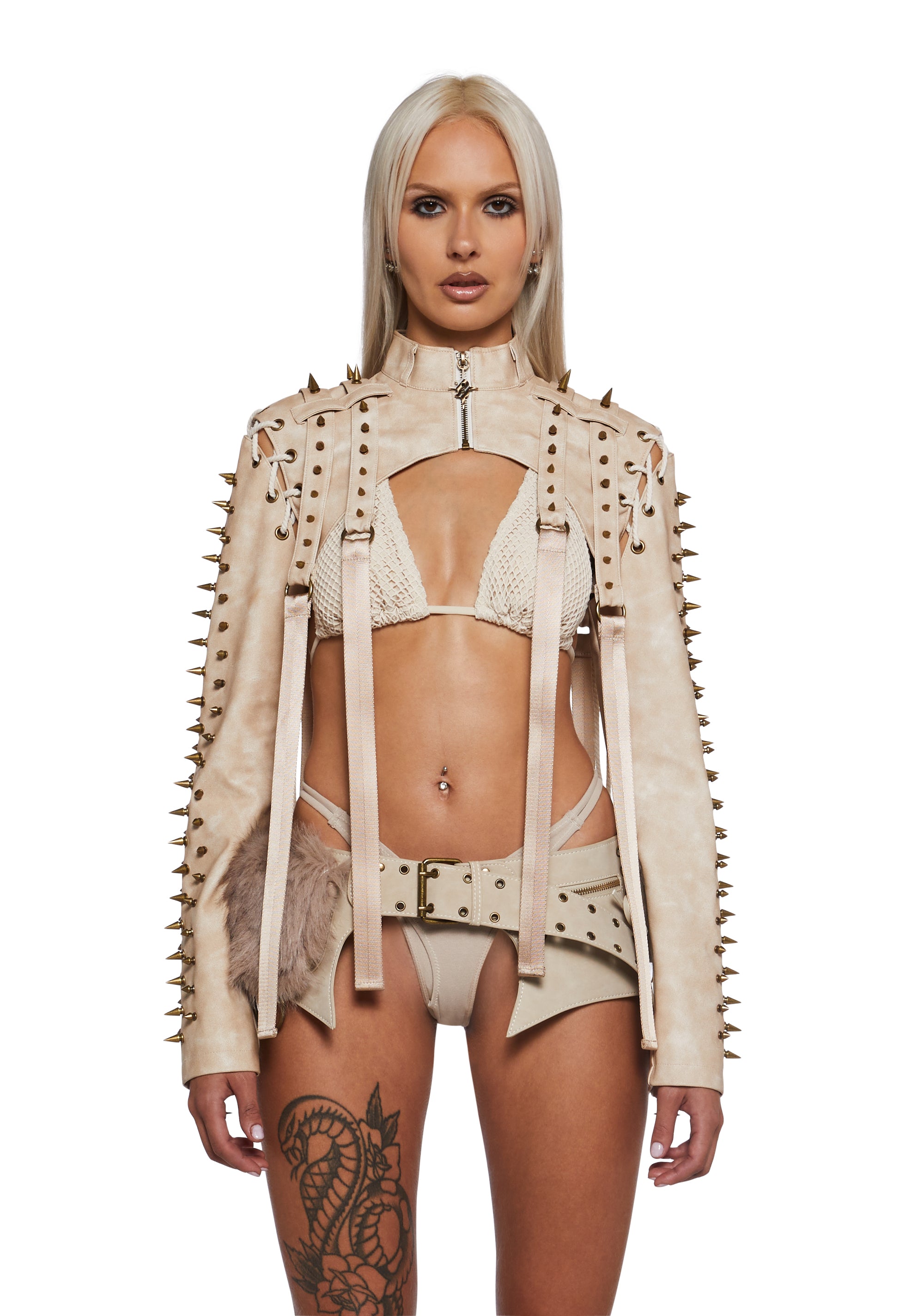 Warp Spiked Jacket With Lace Up Sleeves - Ecru
