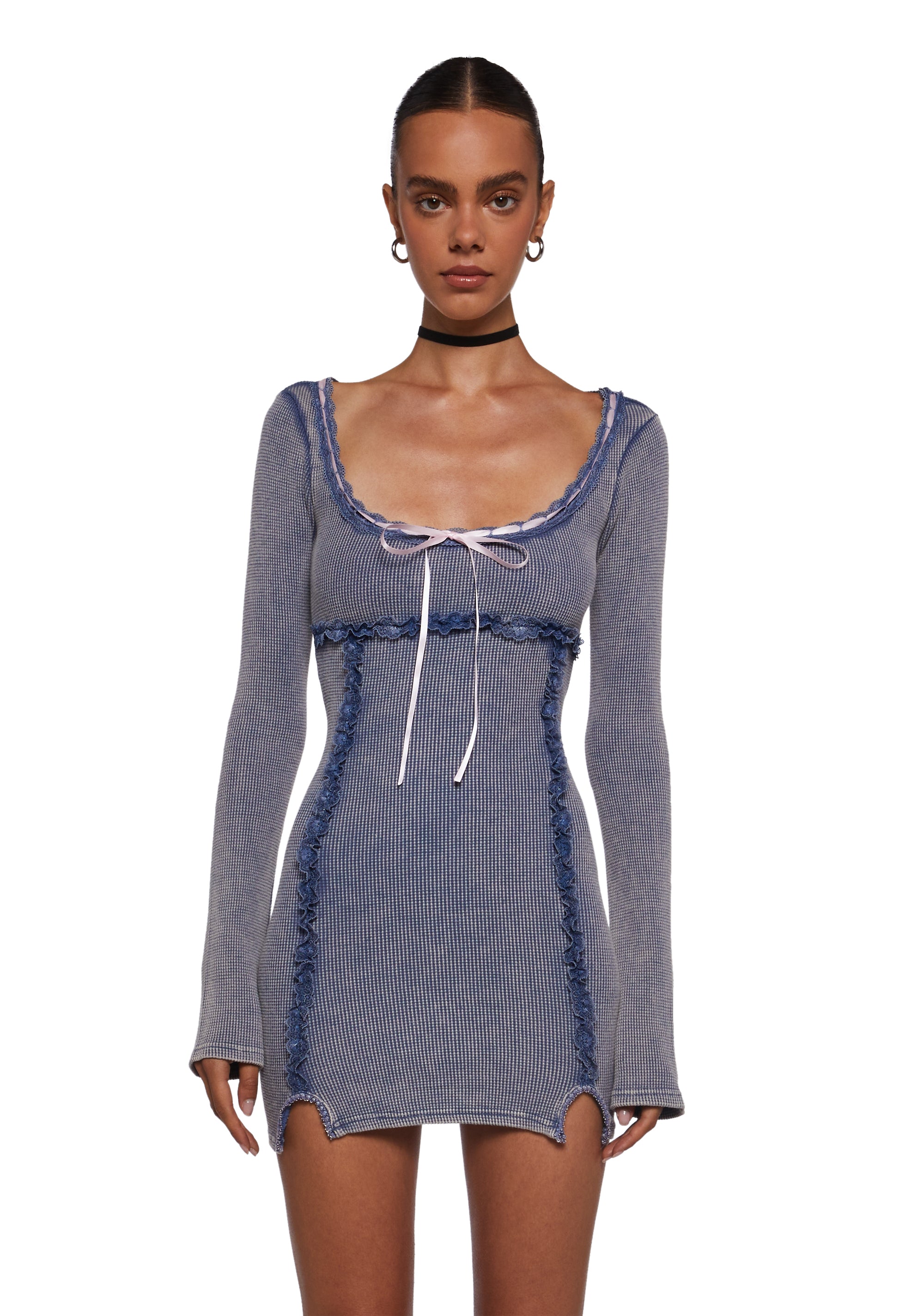 Girly 90s Y2K Thermal Mini Dress With Bow Current Mood