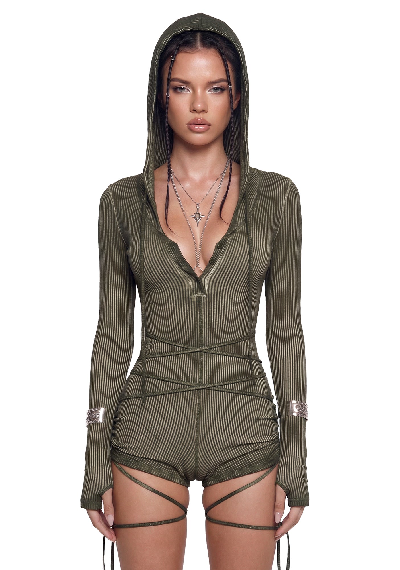 Darker Wavs Washed Ribbed Long Sleeve Racerback Romper - Green