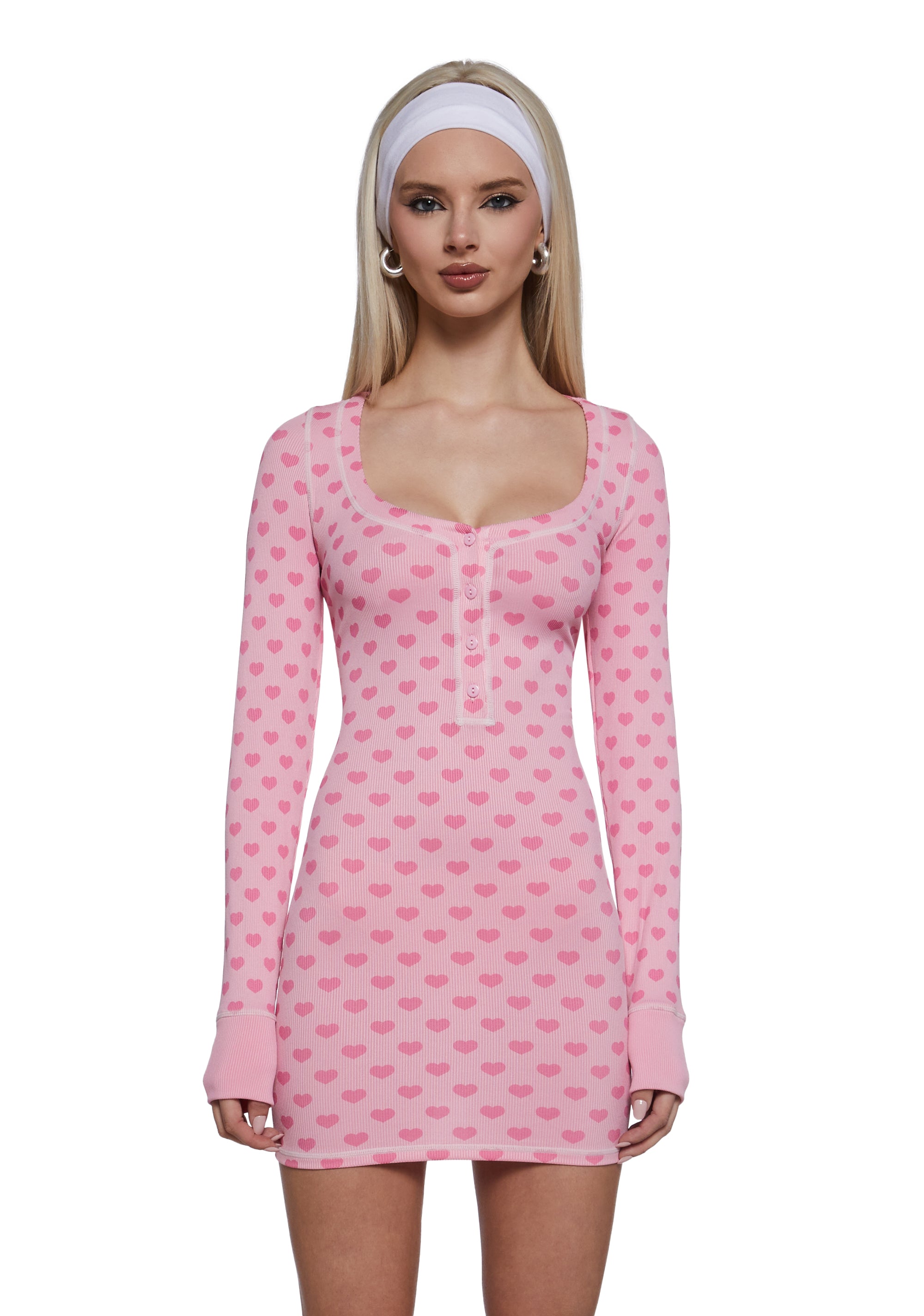 Womens Heart Print V-Neck Henley Dress Sugar Thrillz - Pink Dolls Kill Womens Heart Print V-Neck Henley Dress Sugar Thrillz - Pink Dolls Kill