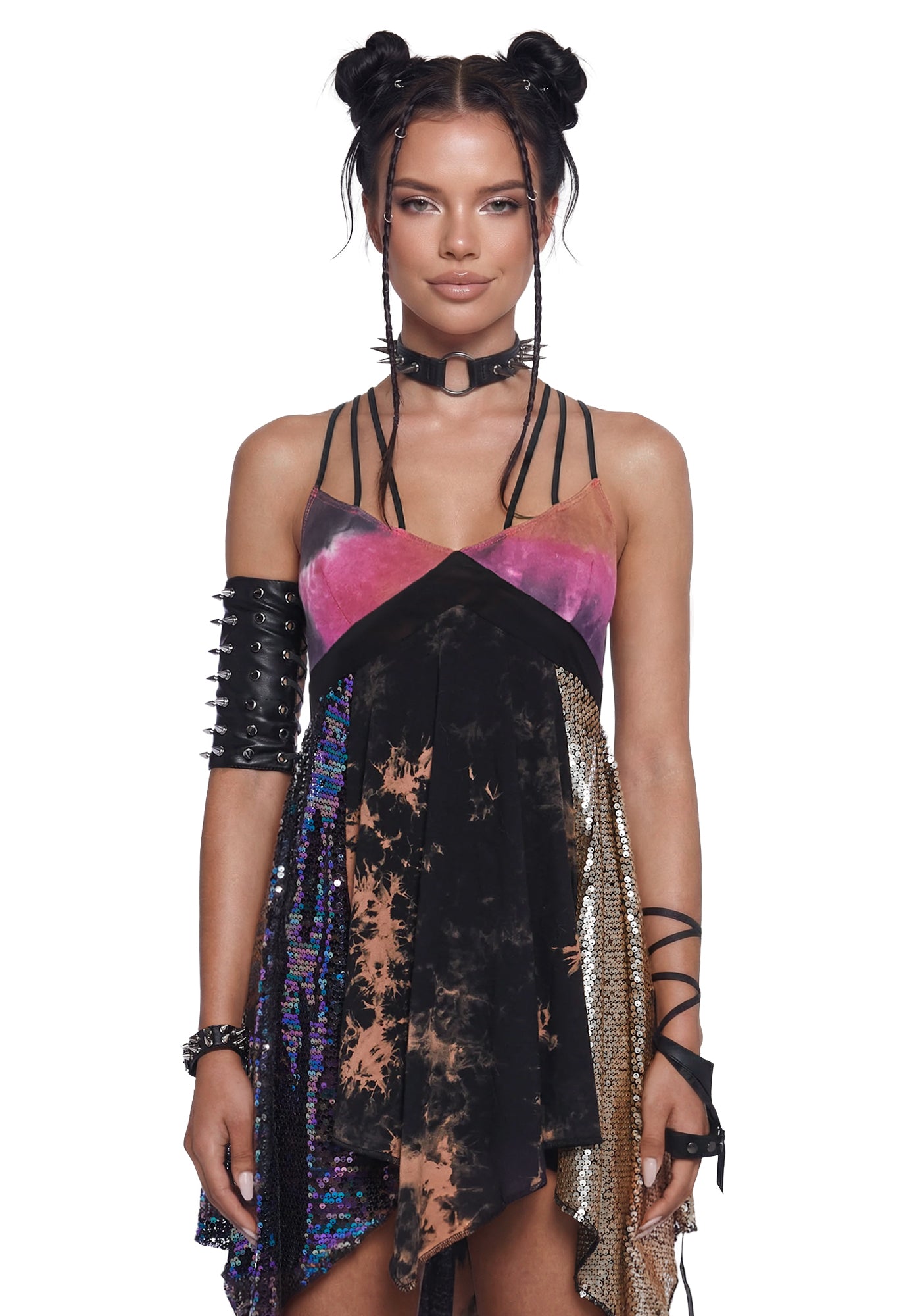 Club Exx Burning Man Festival Sequin Tie-Dye Criss-Cross Straps Burning Man Handkerchief Mini Dress