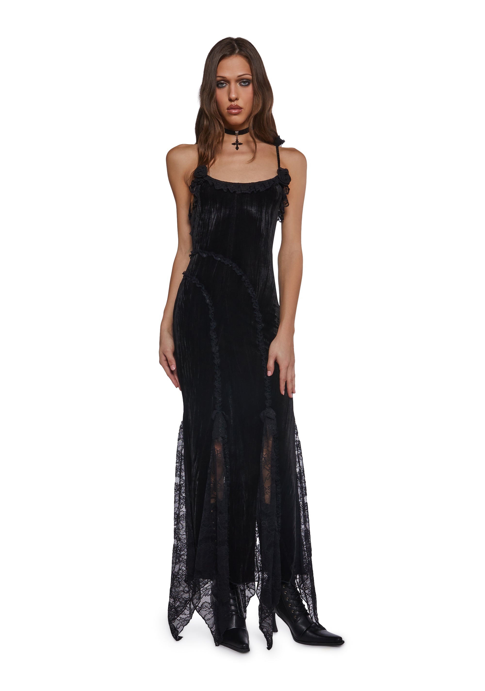 Betsey Johnson Crushed Velvet Maxi Dress With Rosettes - Black Betsey Johnson Crushed Velvet Maxi Dress With Rosettes - Black