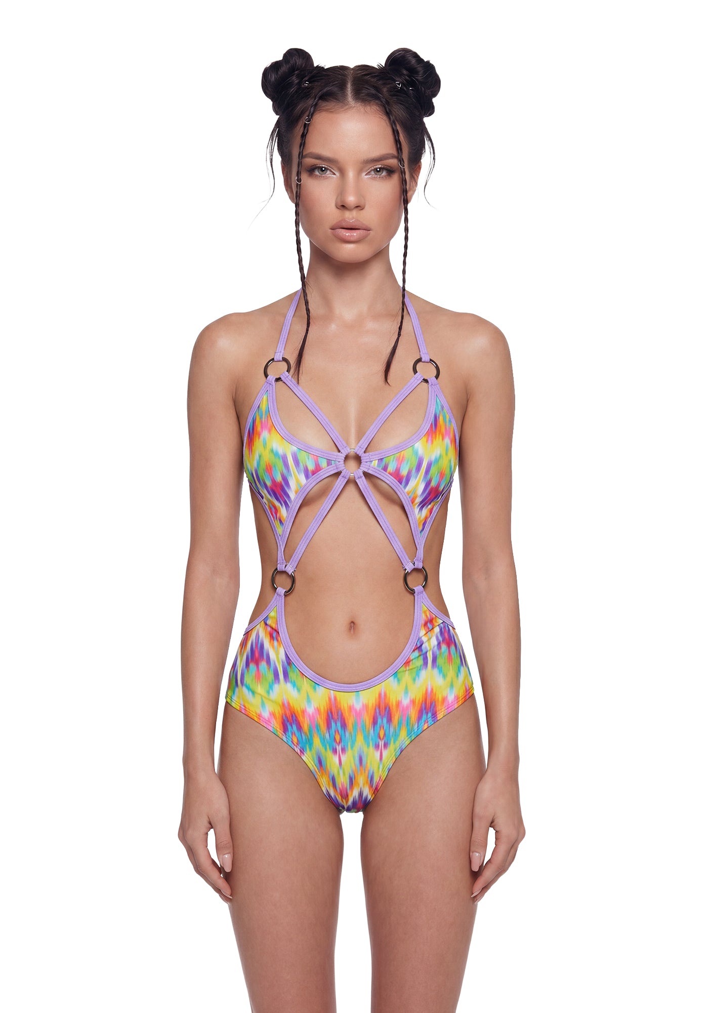 J valentine Festival Rave Neon Pop O-Ring Spandex Bodysuit - Multi