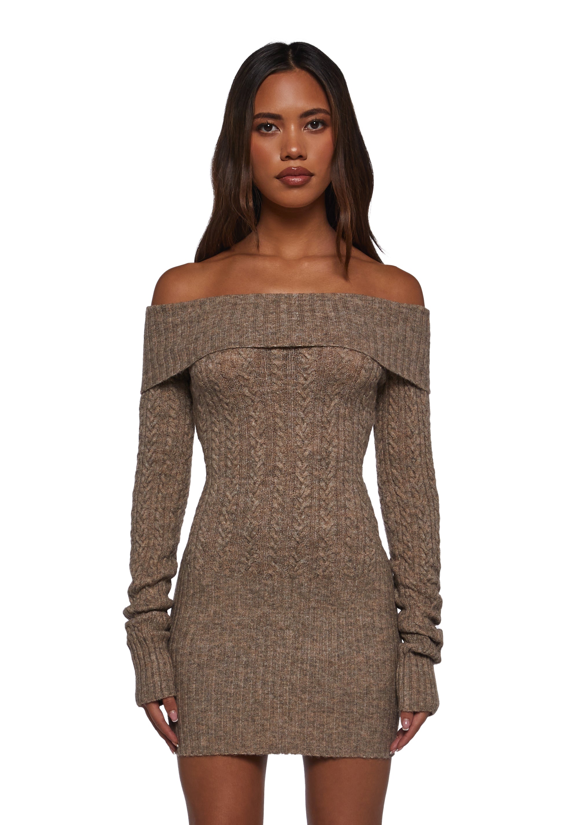Womens Cable Knit Off The Shoulder Mini Dress - Beige Dolls Kill Womens Cable Knit Off The Shoulder Mini Dress - Beige Dolls Kill