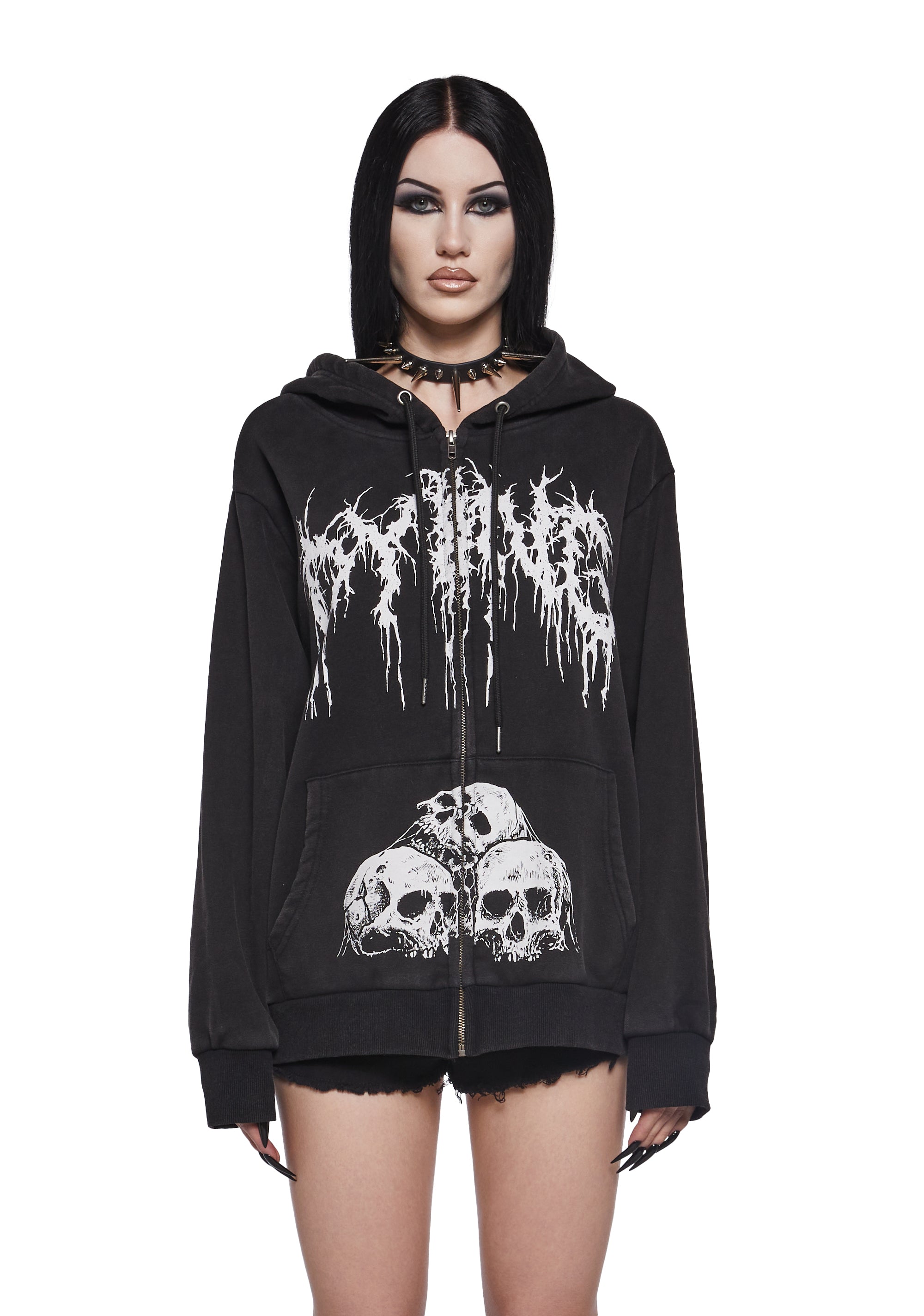 Washed Cotton Fleece Dying Skull Graphic Zip-Up Hoodie Widow