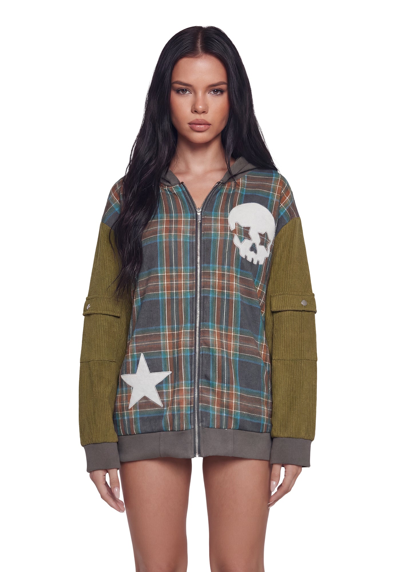 Womens Sexy Plaid Hoodie With Skull And Star Graphics 90s Y2K 
