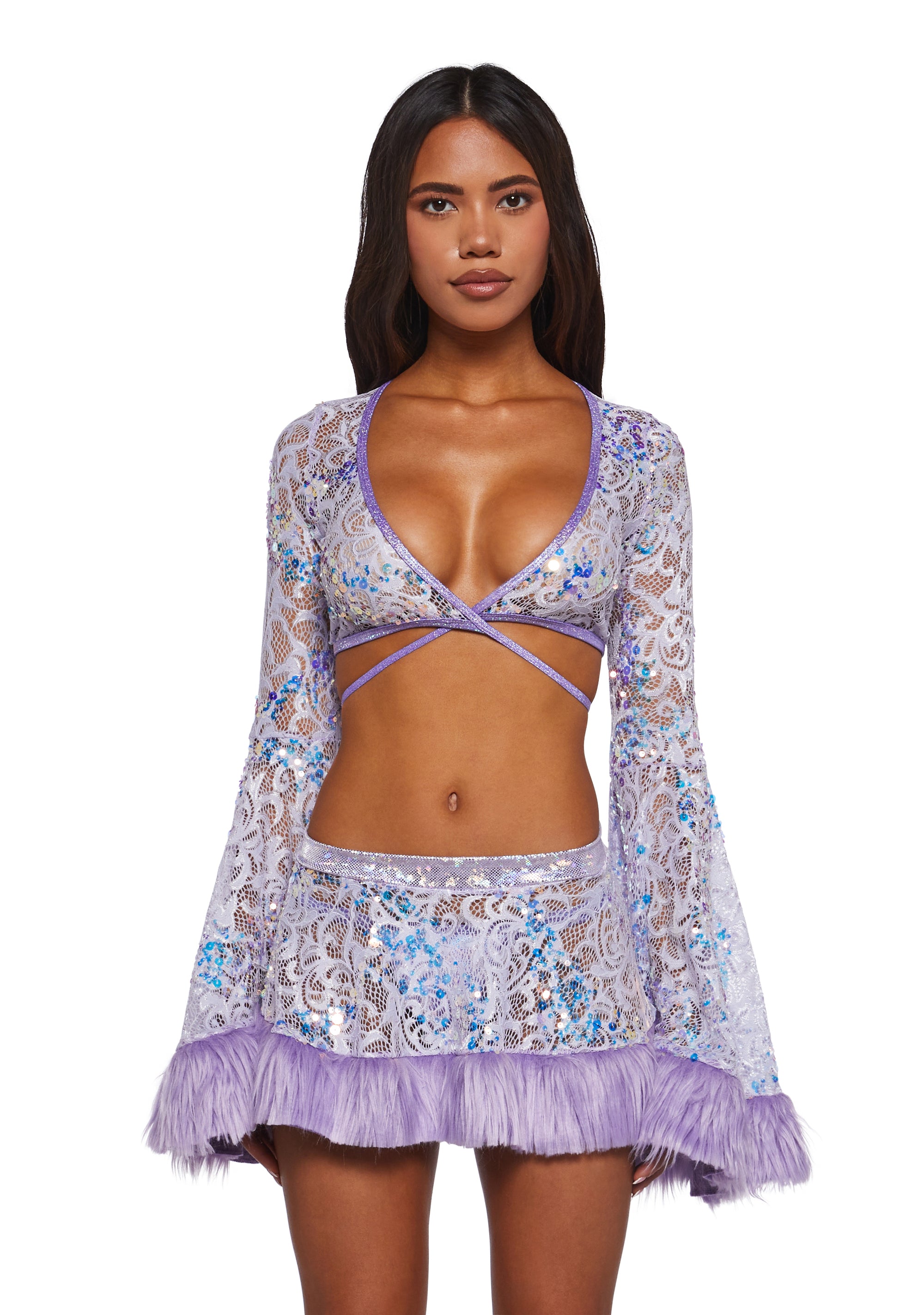 J Valentine Sequin Faux Fur Trimmed Wrap Top - Purple – Dolls Kill