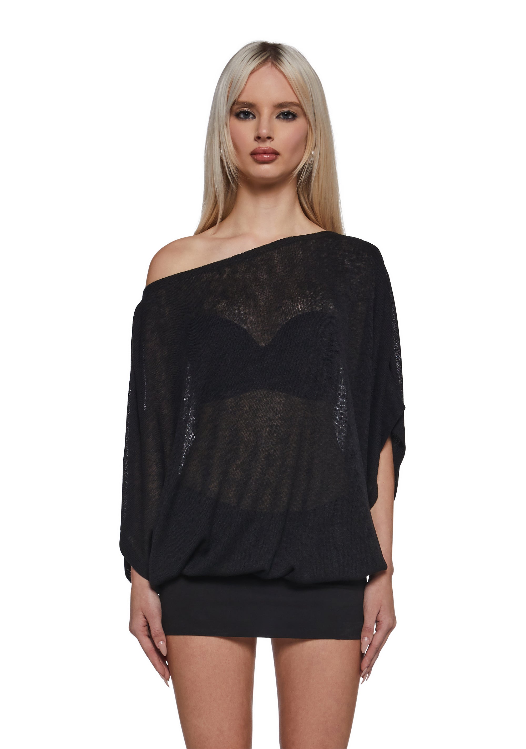 Womens Knit Off The Shoulder Mini Bubble Hem Dress - Black Black / Medium Womens Knit Off The Shoulder Mini Bubble Hem Dress - Black Black / Medium