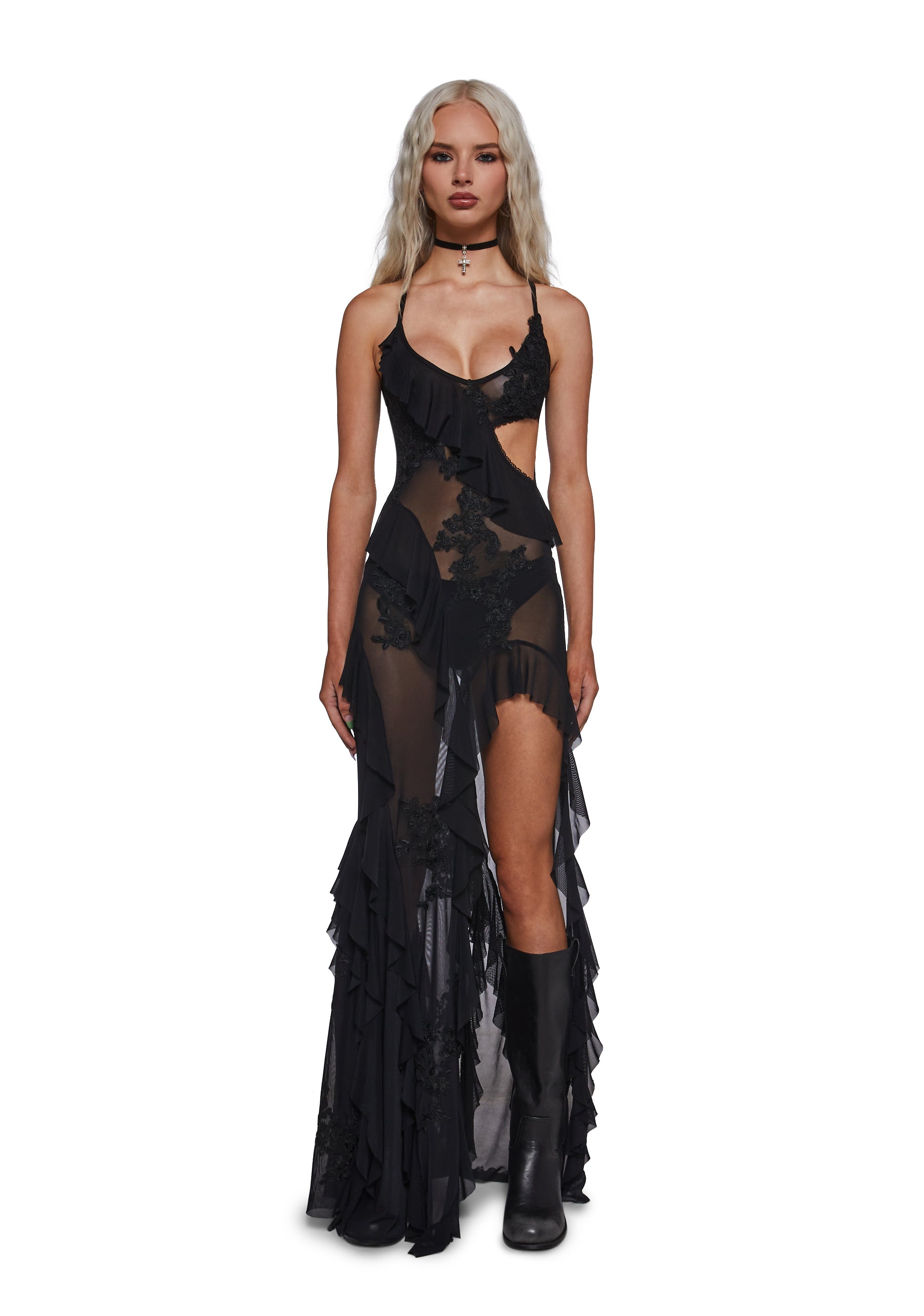 Womens Mesh Ruffled Asymmetrical Maxi Dress With Lace Appliques Current Mood - Black Dolls Kill Womens Mesh Ruffled Asymmetrical Maxi Dress With Lace Appliques Current Mood - Black Dolls Kill