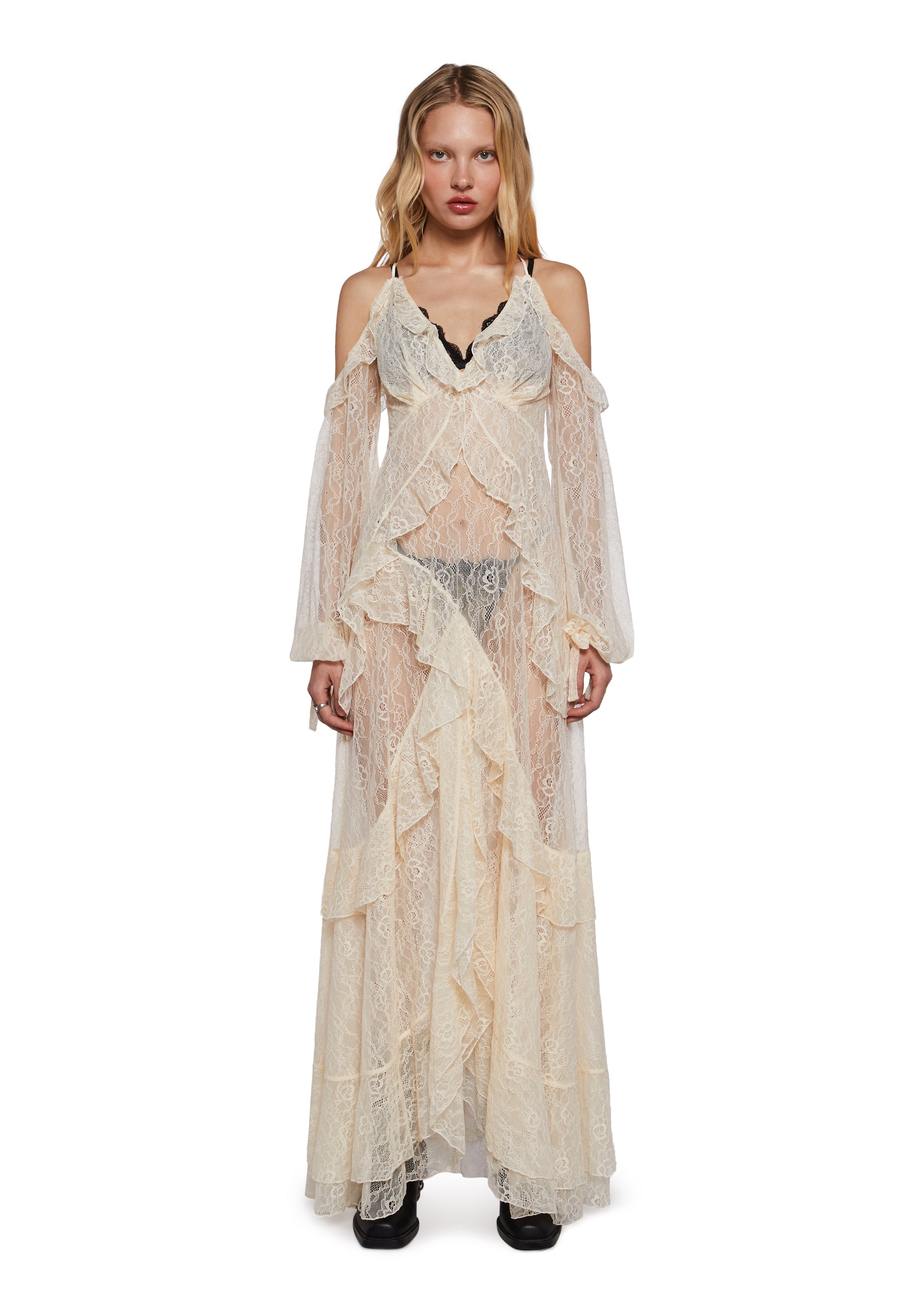 Womens Sheer Floral Lace Maxi Dress With Ruffles Current Mood - Off White Dolls Kill Womens Sheer Floral Lace Maxi Dress With Ruffles Current Mood - Off White Dolls Kill