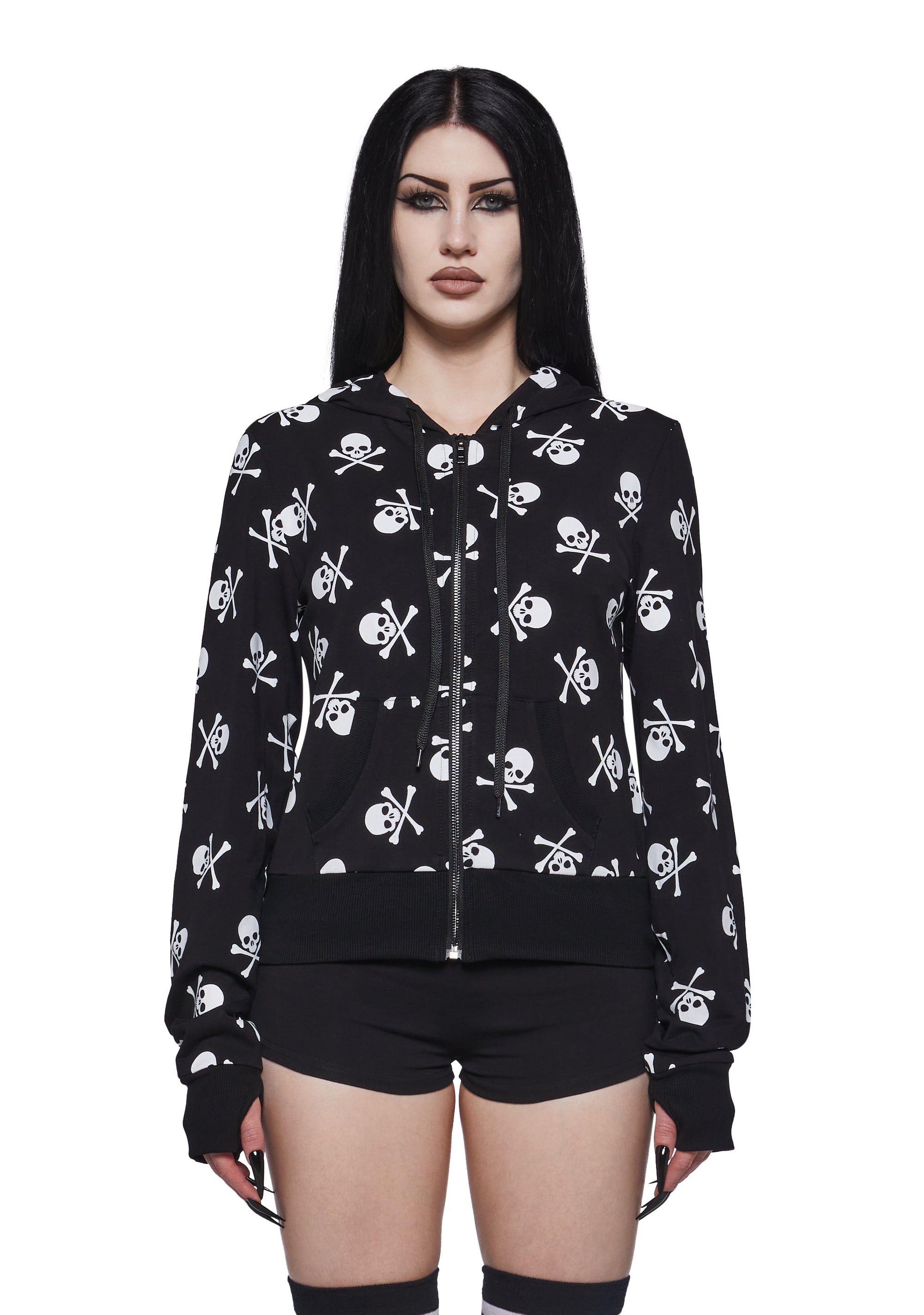 Skull Print Goth Spooky Punk Fitted Hoodie - Black – Dolls Kill