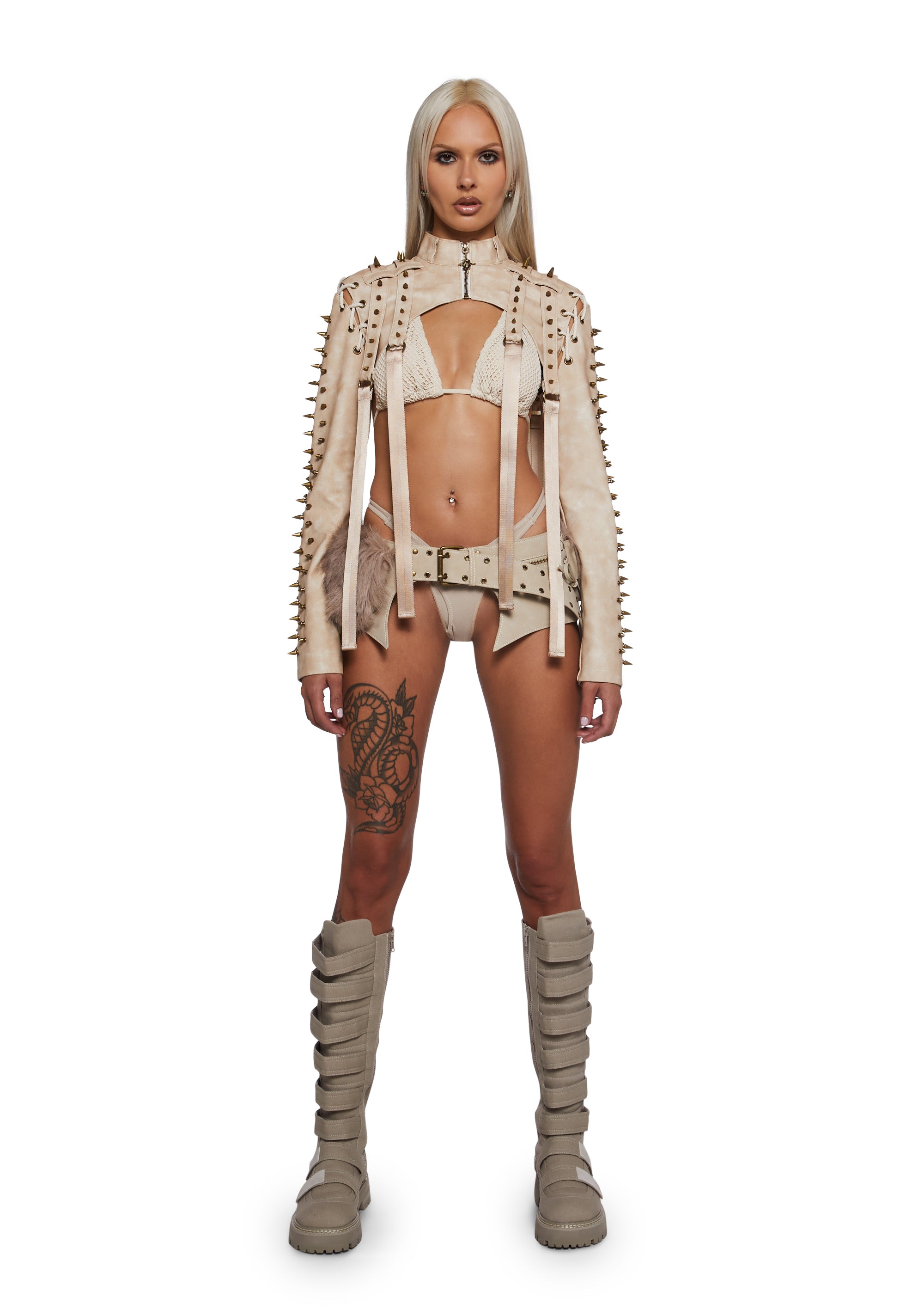 Warp Spiked Jacket With Lace Up Sleeves - Ecru - alternate