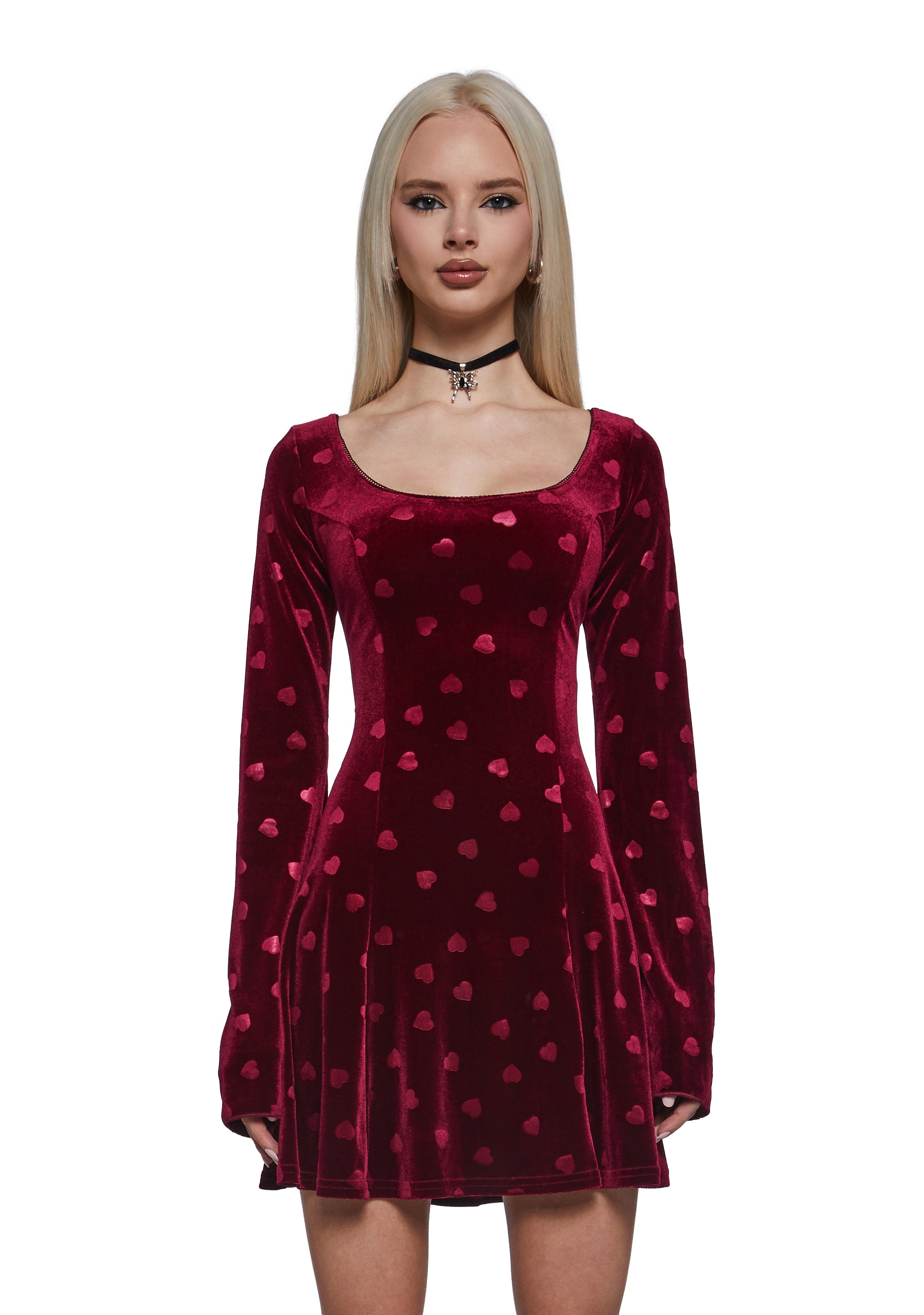 Womens Heart Print Velvet Mini Dress
