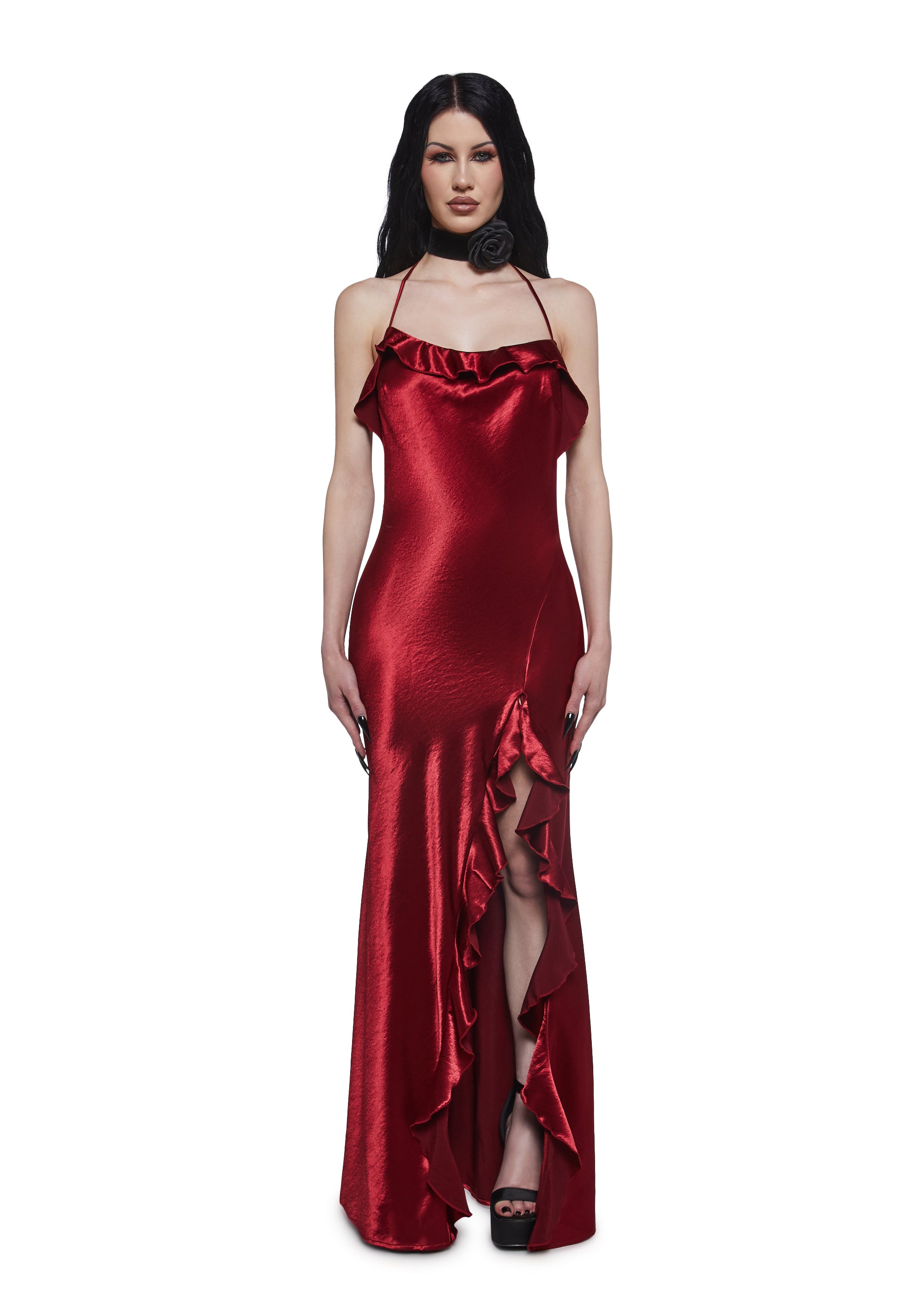 Womens Satin Maxi Dress With Ruffles Widow