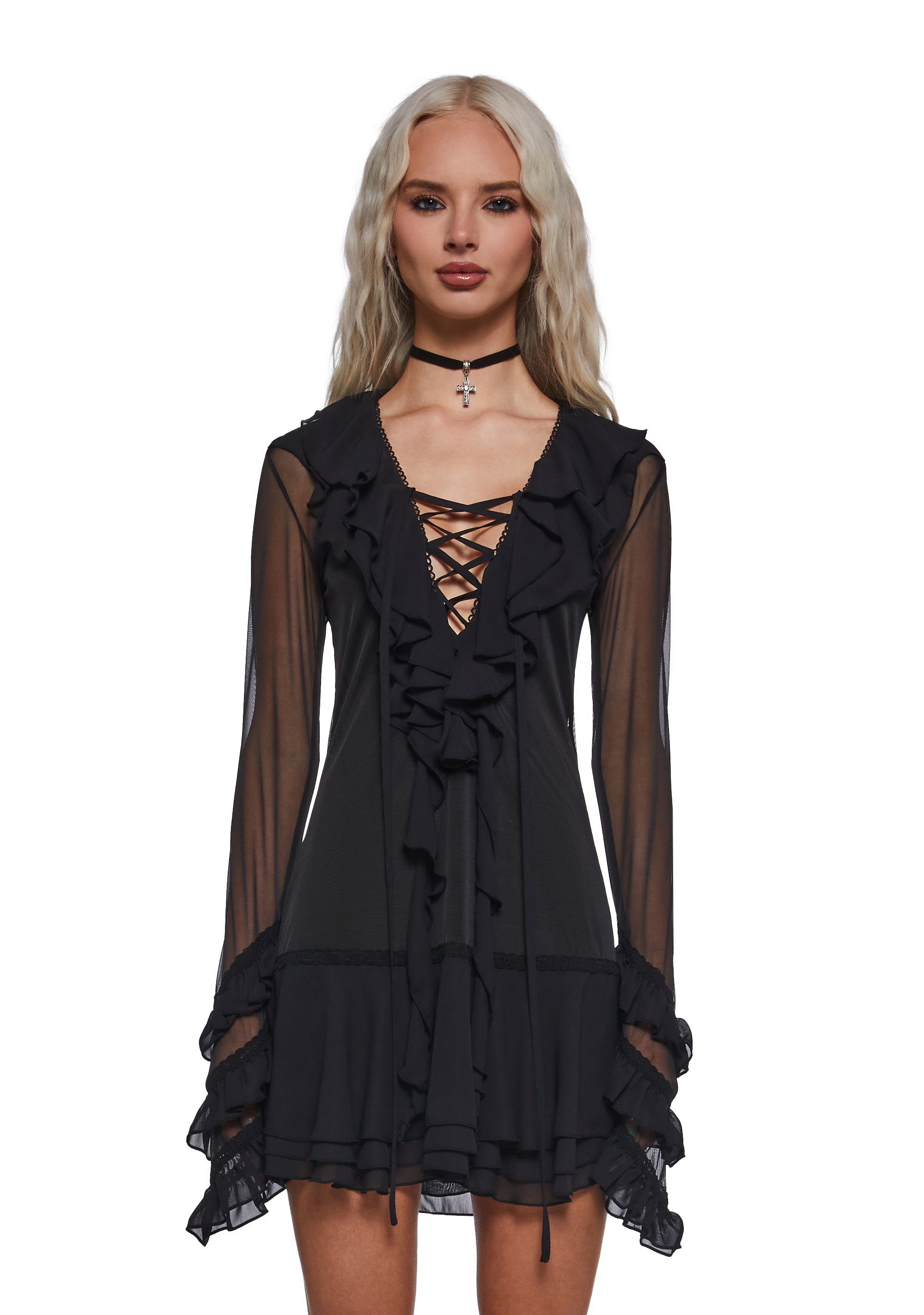 dollskill mesh dress Infinite Illusion cf-fit-extra-trim Featuring a deep lace Blue Clams Halter Mini Color:Coco Brown