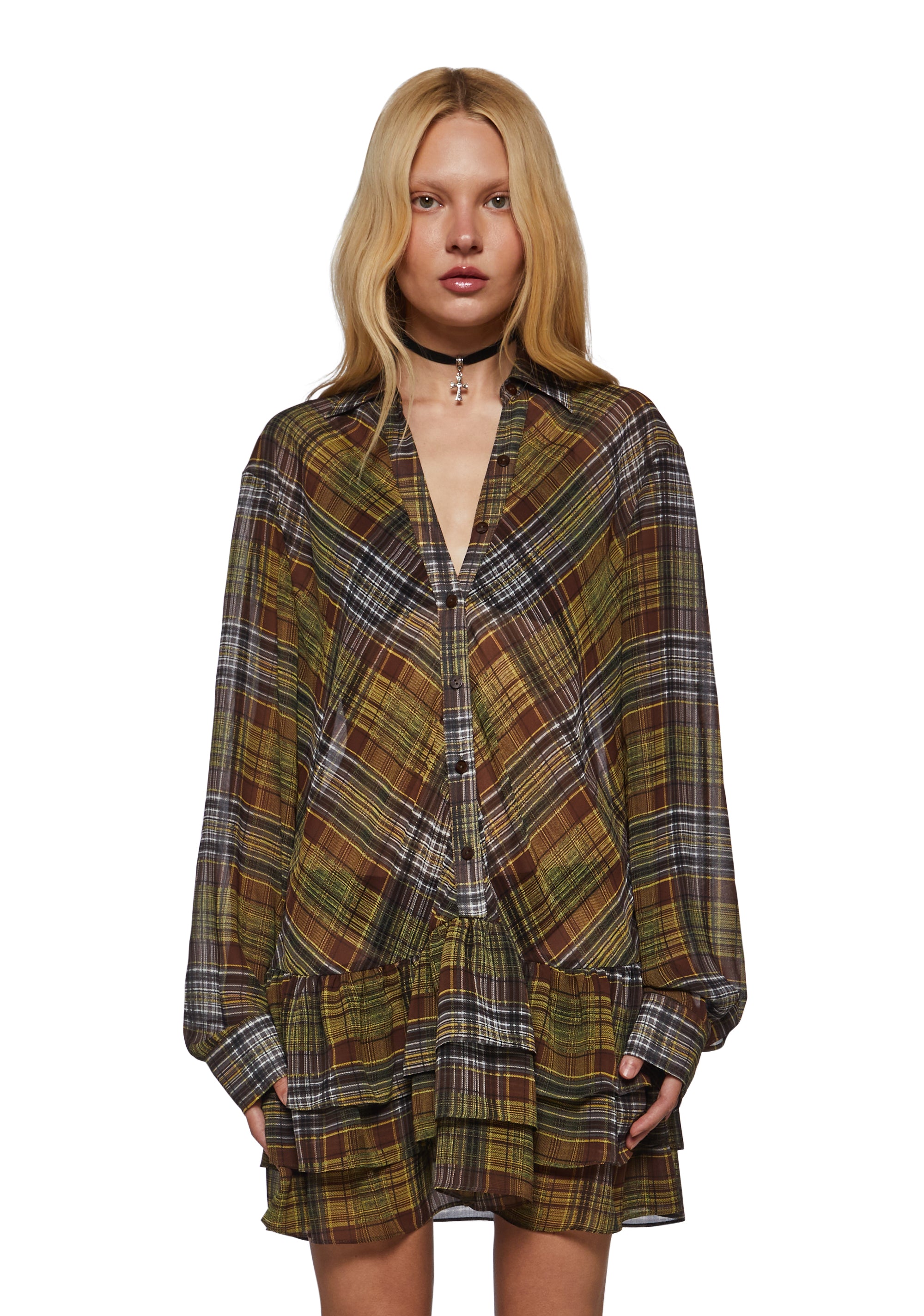 Grungy Plaid Drop Waist Blouse Mini Dress Campus Clothes