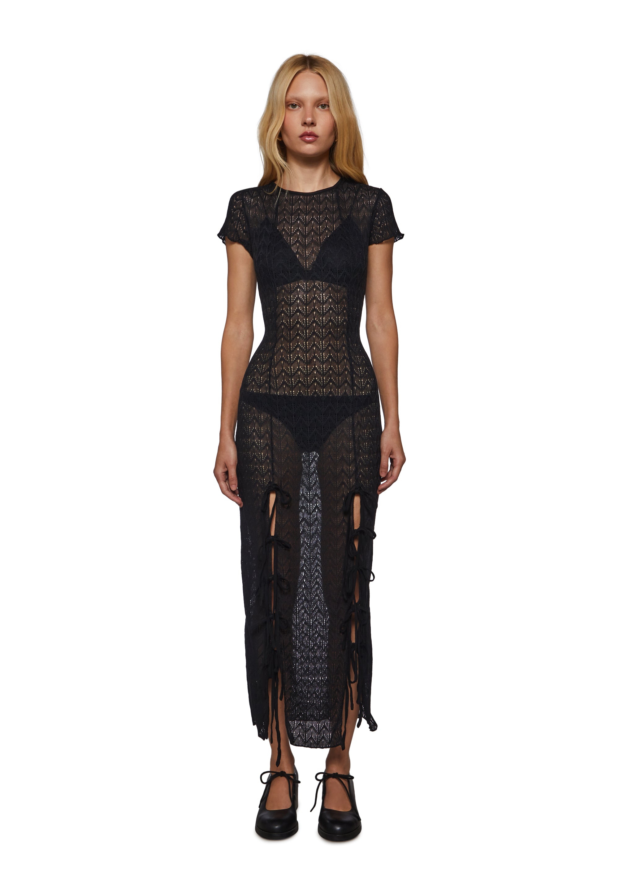 Sheer Textured Floral Maxi Dress With Slits