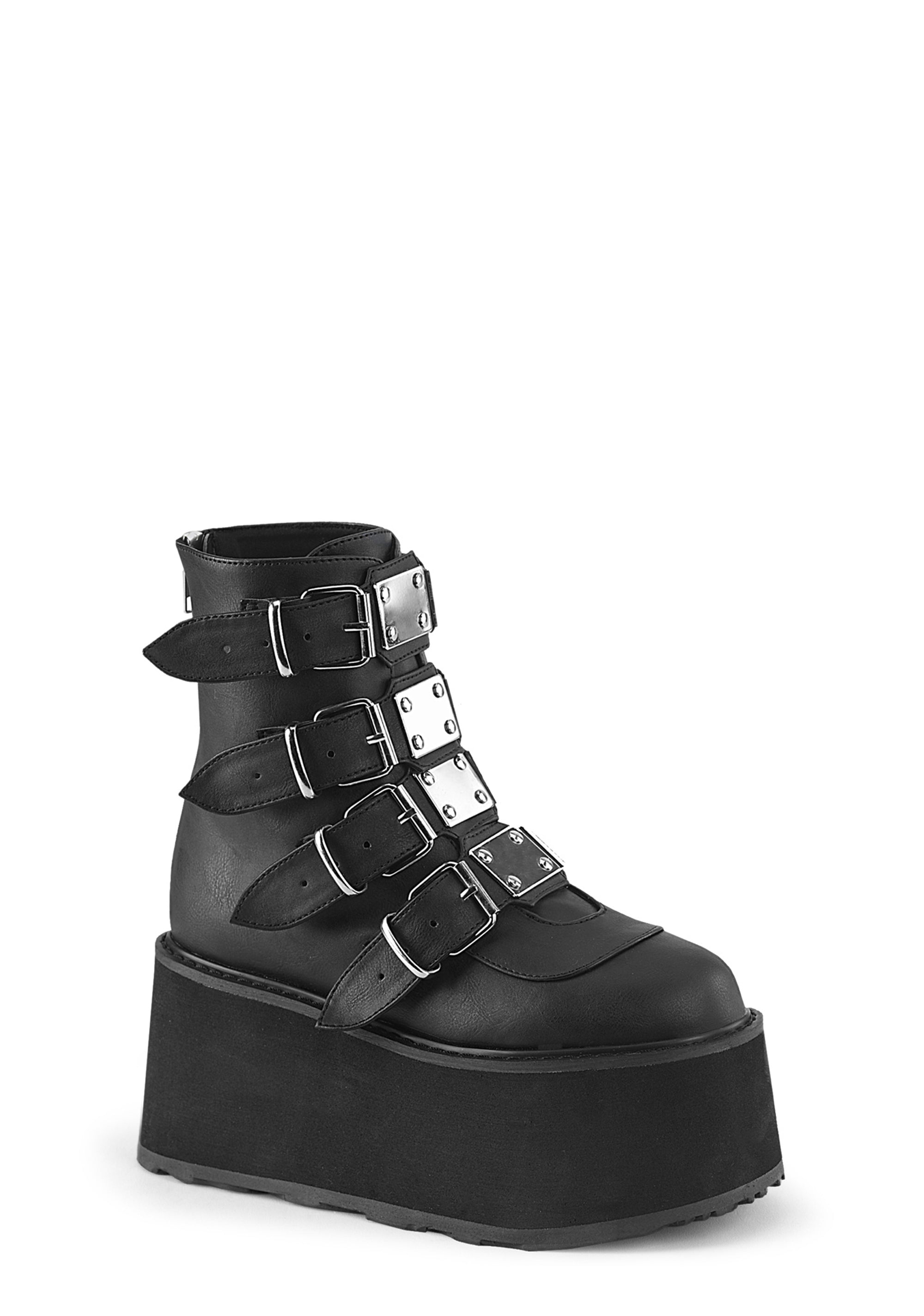 Demonia Metal Plate Buckle Platform Ankle Boots - Black