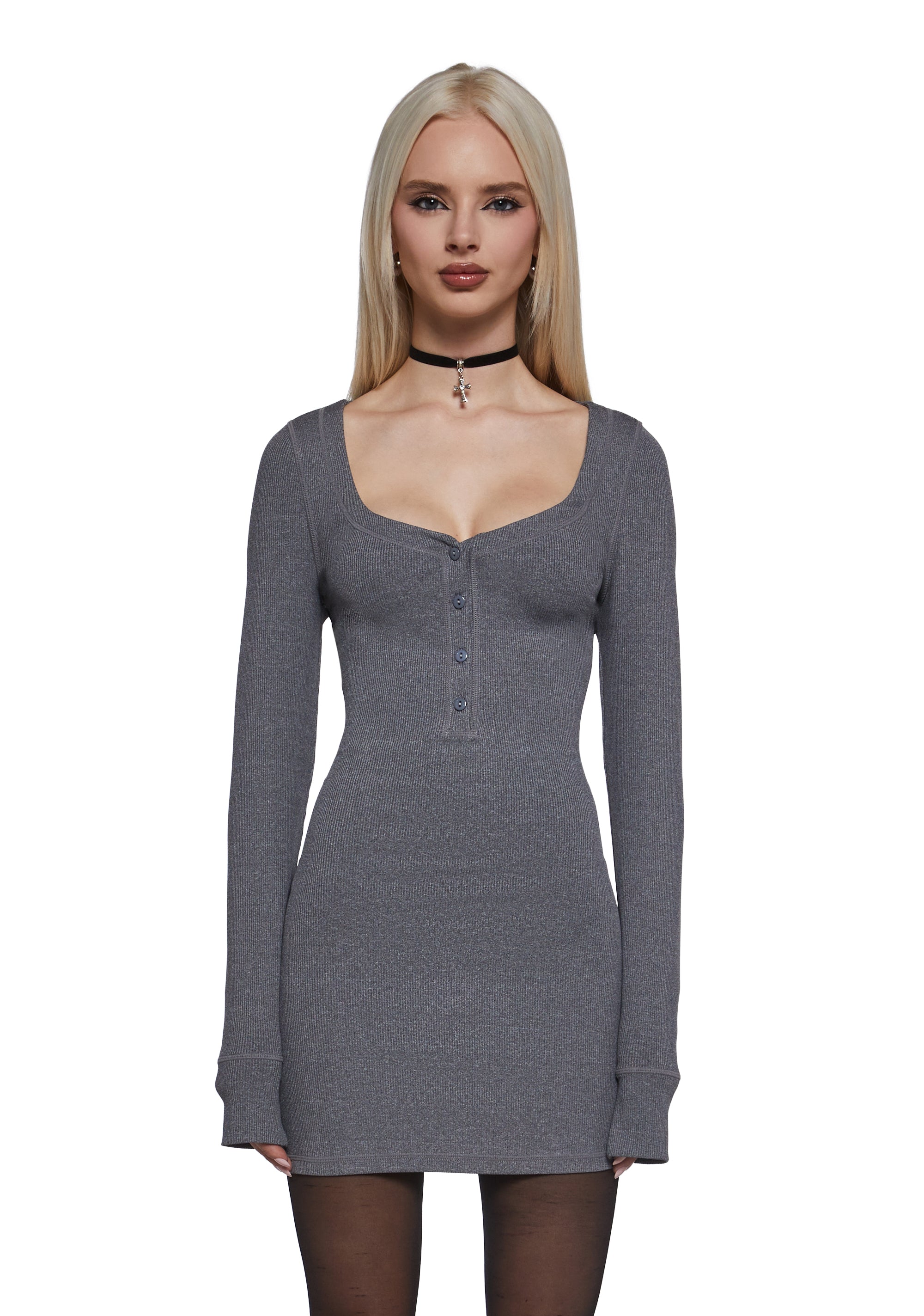 Womens V-Neck Henley Dress Sugar Thrillz -Gray Womens V-Neck Henley Dress Sugar Thrillz -Gray