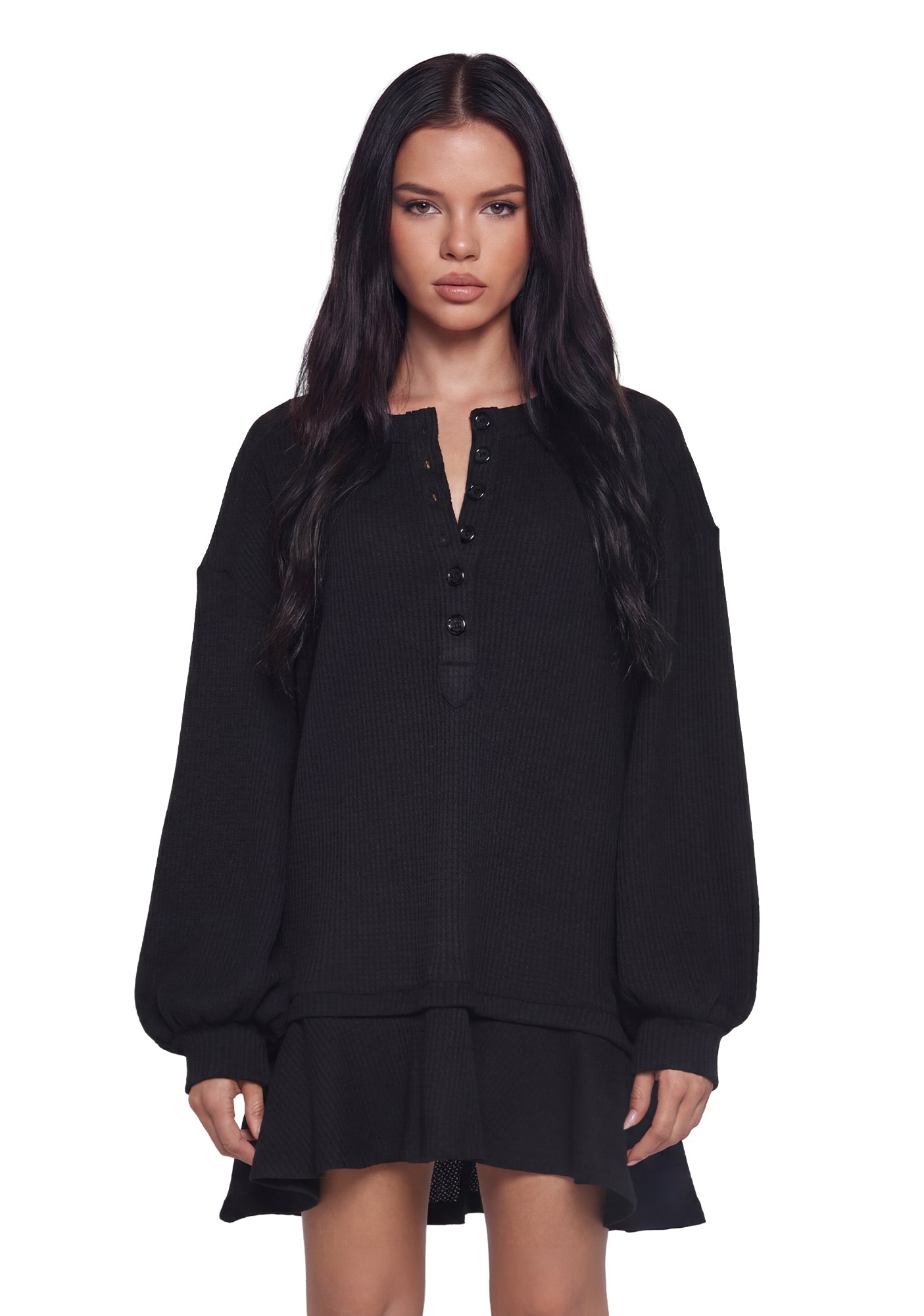 Womens Waffle Knit Thermal Trapeze Mini Dress Current Mood - Black Dolls Kill Womens Waffle Knit Thermal Trapeze Mini Dress Current Mood - Black Dolls Kill