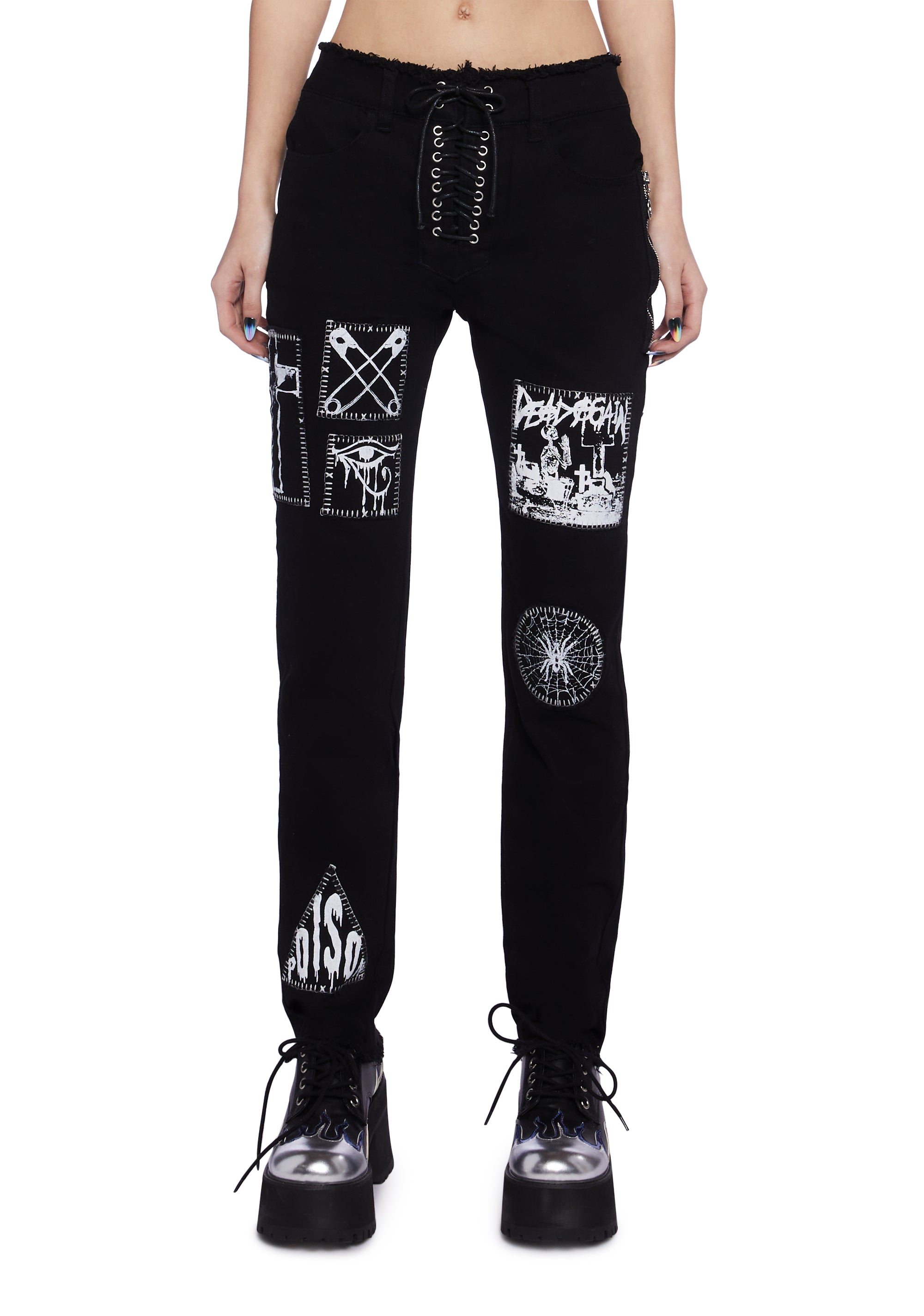 Current Mood Black Lace Up Patch Jeans – Dolls Kill