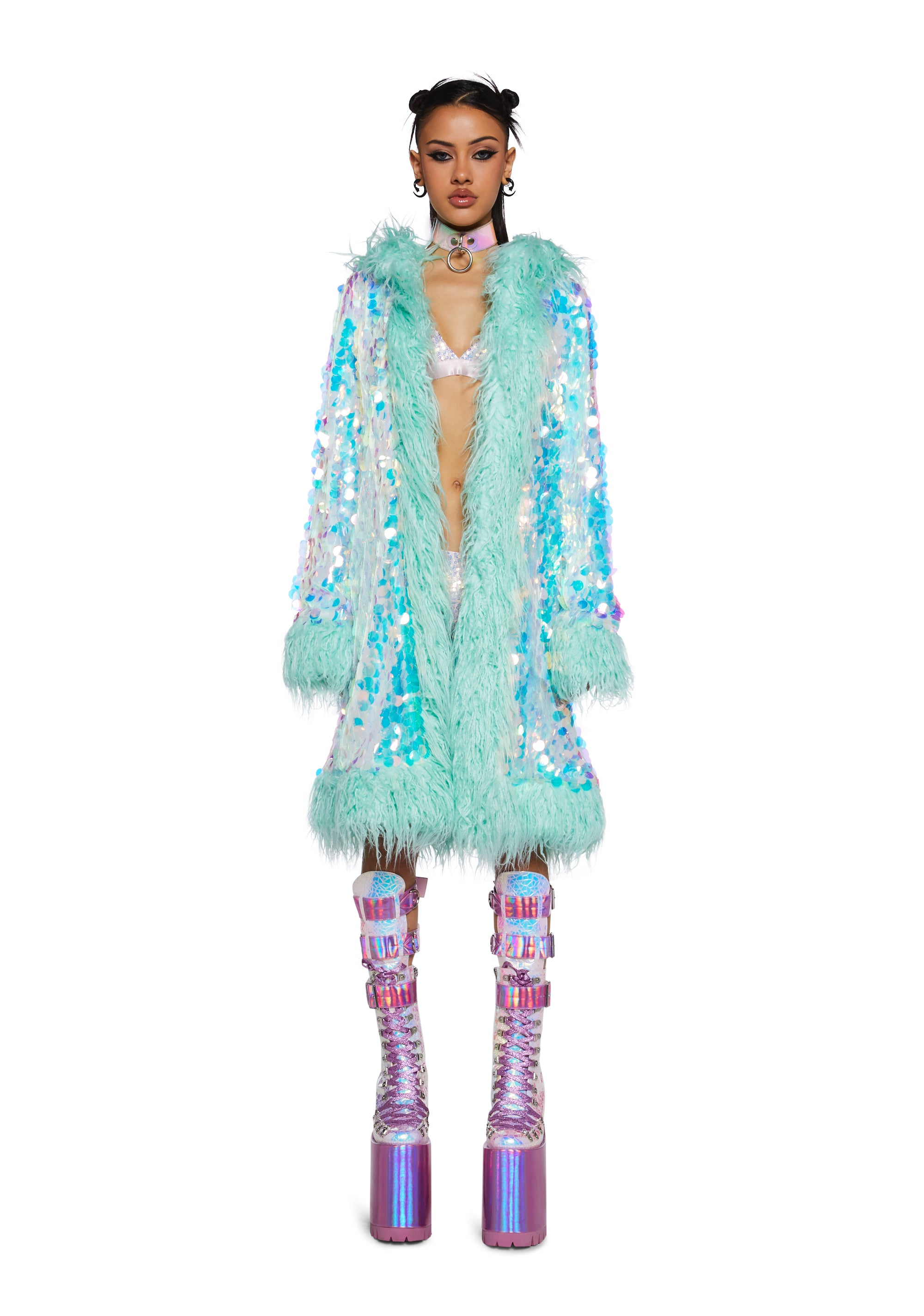 Iridescent Blue Hood Sequin Fur Coat – Dolls Kill
