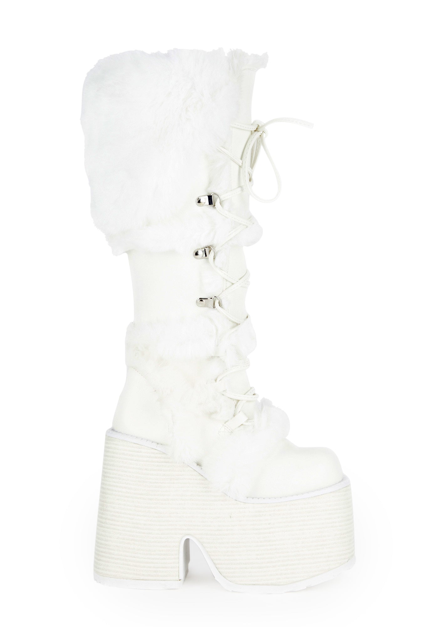 Demonia x Dolls Kill Eskimo-305 Faux Fur Knee High Platform Boots - White