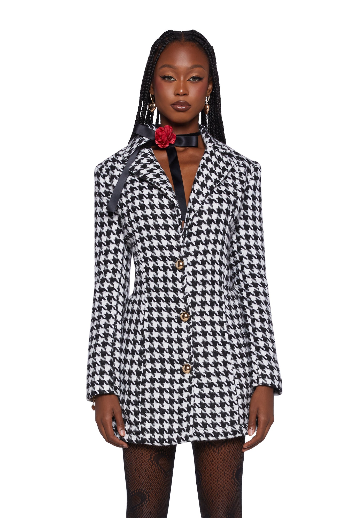 Sugar Thrillz Tweed Houndstooth Coat Black White Dolls Kill