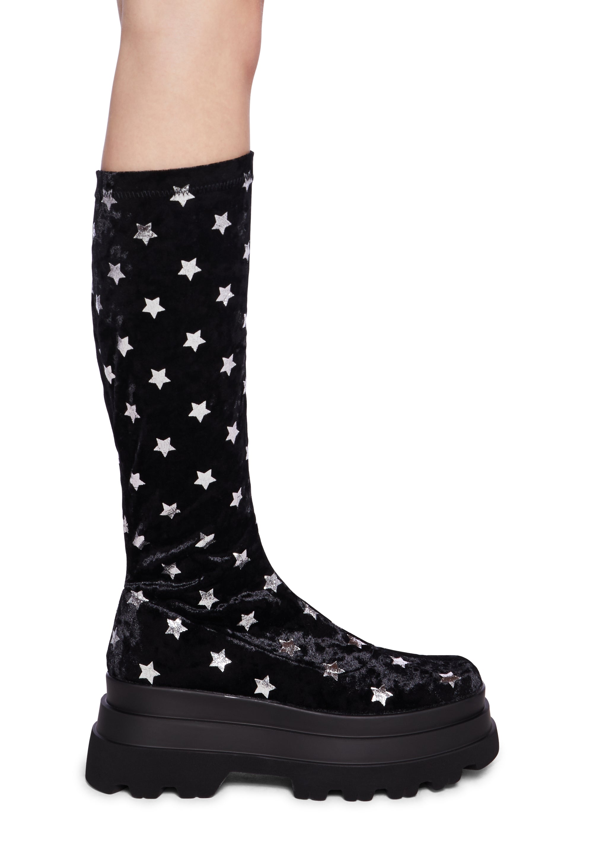 Koi Footwear Velvet Star Print Long Boots Black Dolls Kill