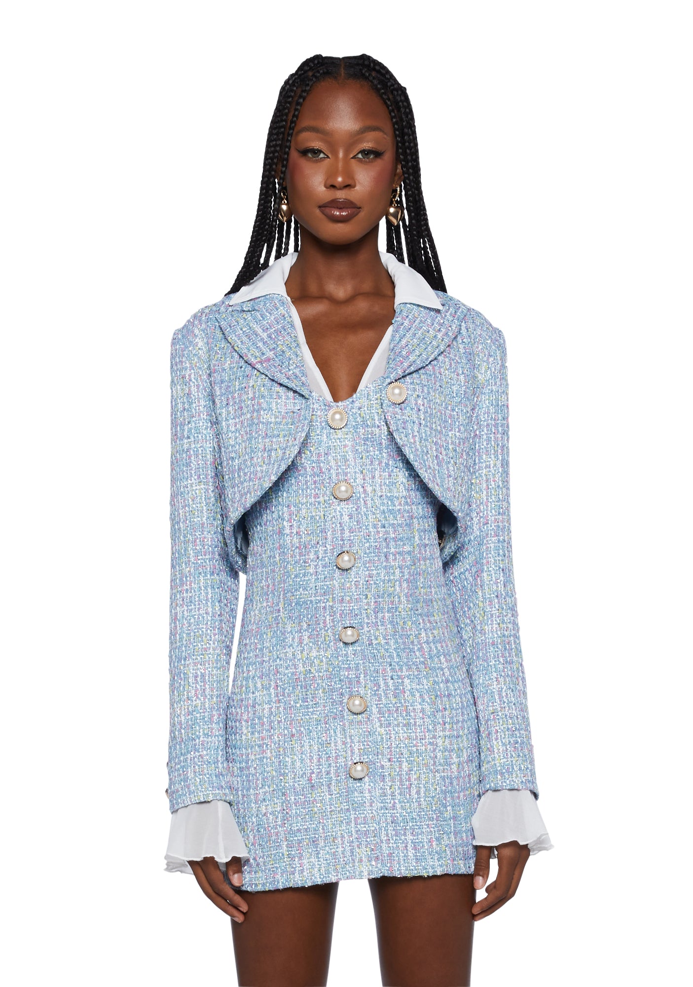Blue Tweed Cropped Jacket Alessandra Rich Checked Tweed Cropped